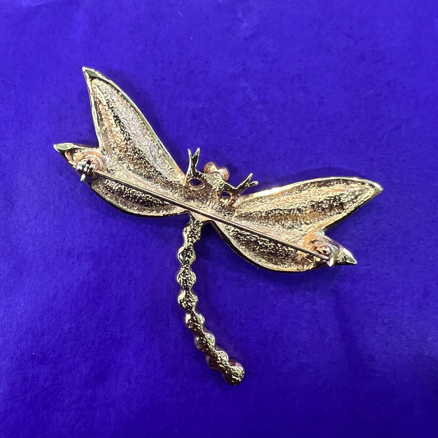 Vintage 1980s Large Crystal Dragonfly Brooch, gold tone with crystals
