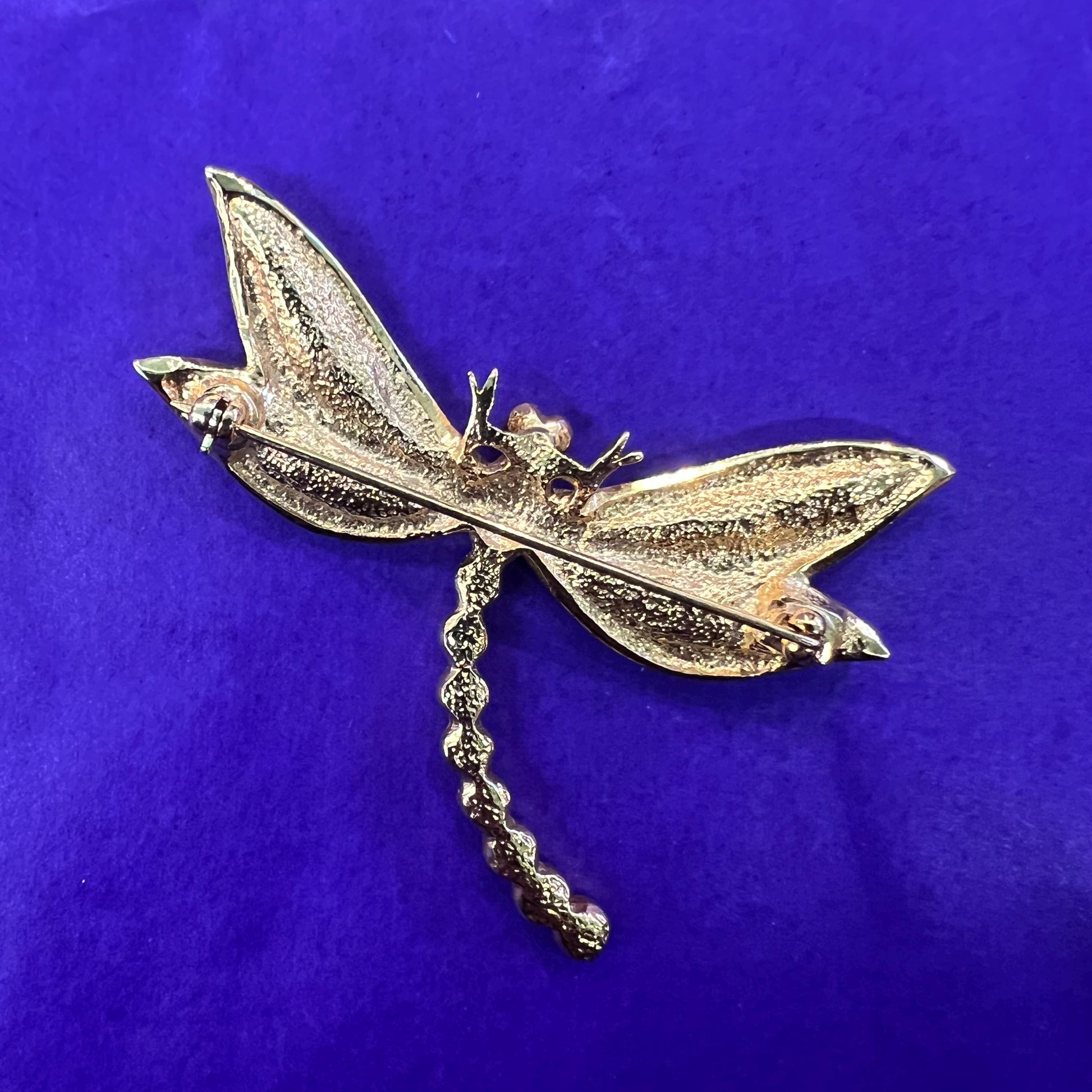 Vintage 1980s Large Crystal Dragonfly Brooch, gold tone with crystals