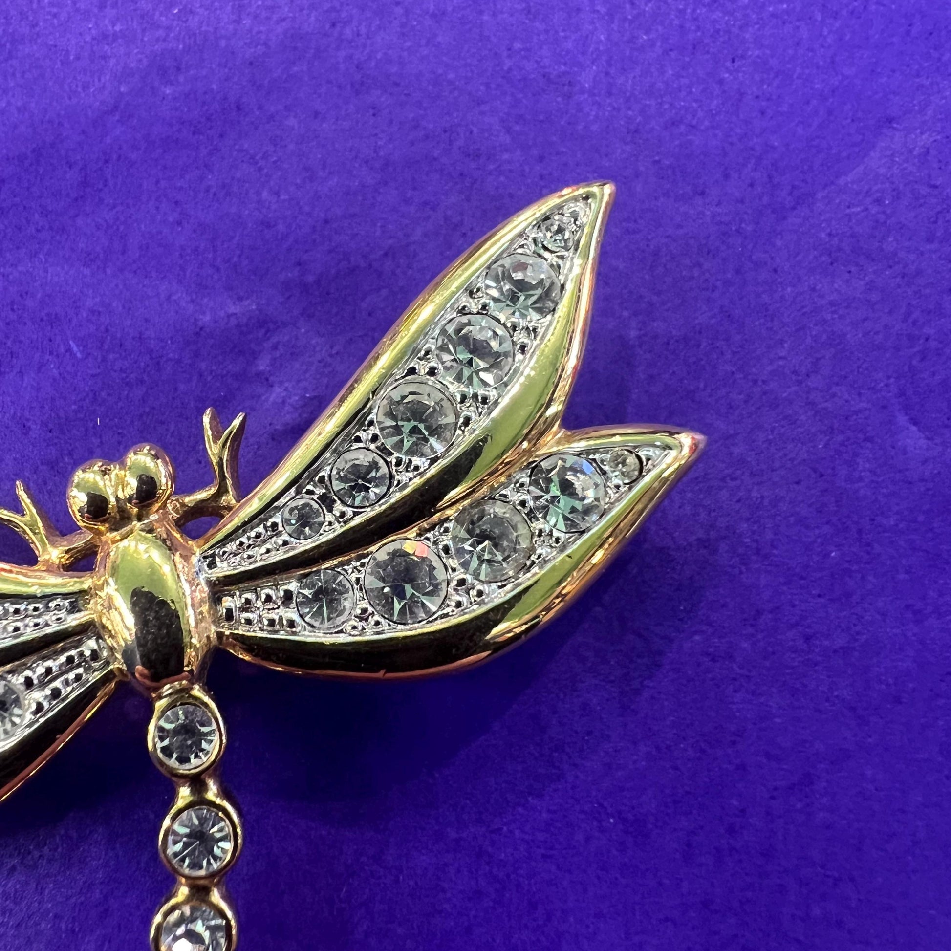 Vintage 1980s Large Crystal Dragonfly Brooch, gold tone with crystals