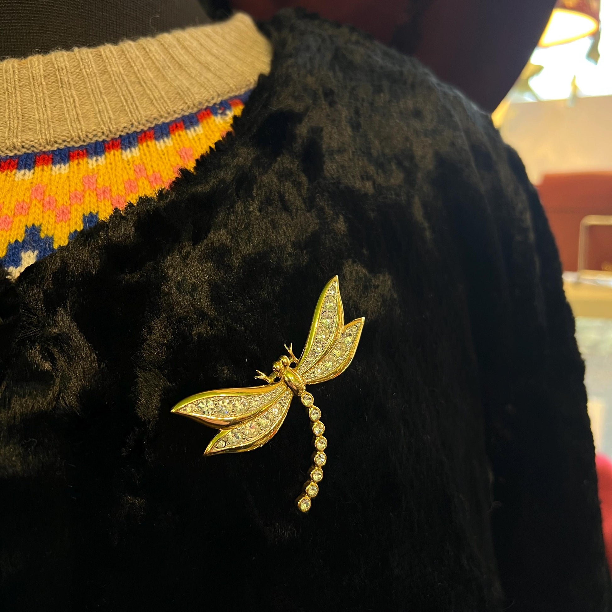 Vintage 1980s Large Crystal Dragonfly Brooch, gold tone with crystals