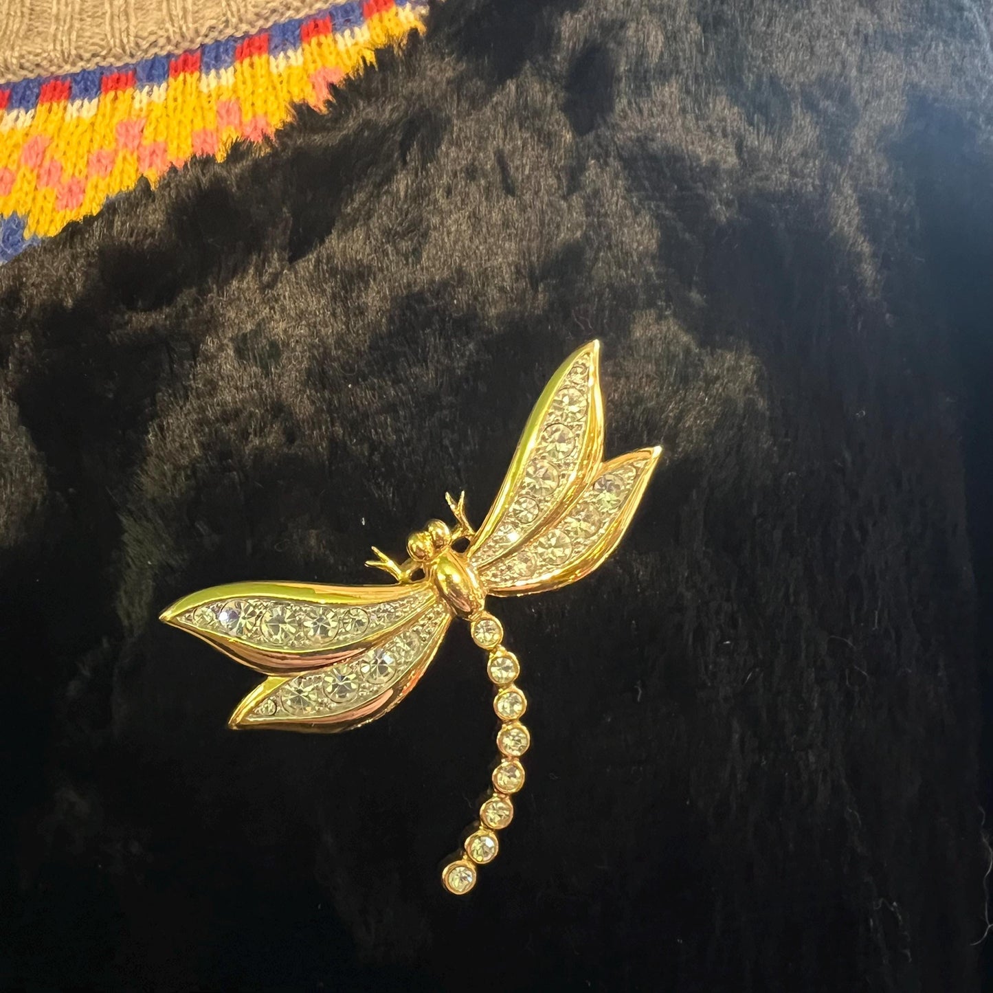 Vintage 1980s Large Crystal Dragonfly Brooch, gold tone with crystals