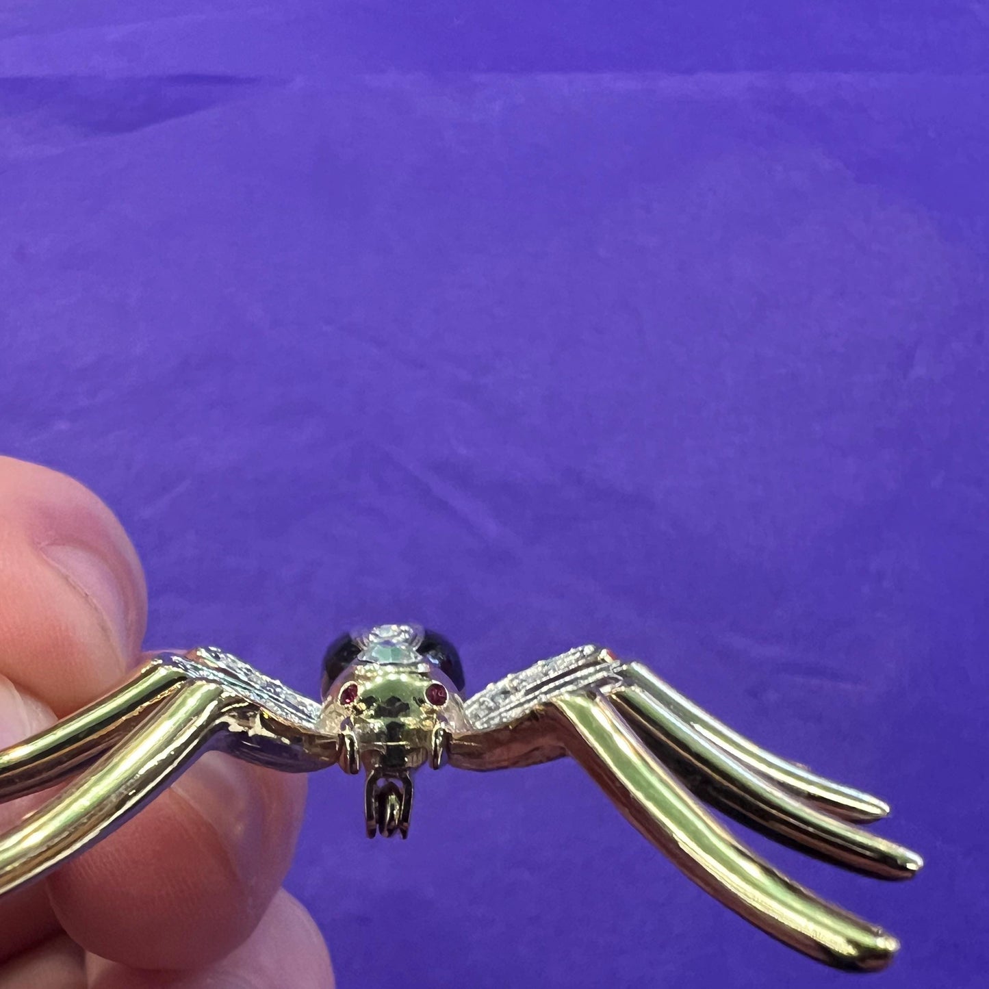 Vintage 1980s Crystal Spider Brooch, gold tone with enamel and crystal
