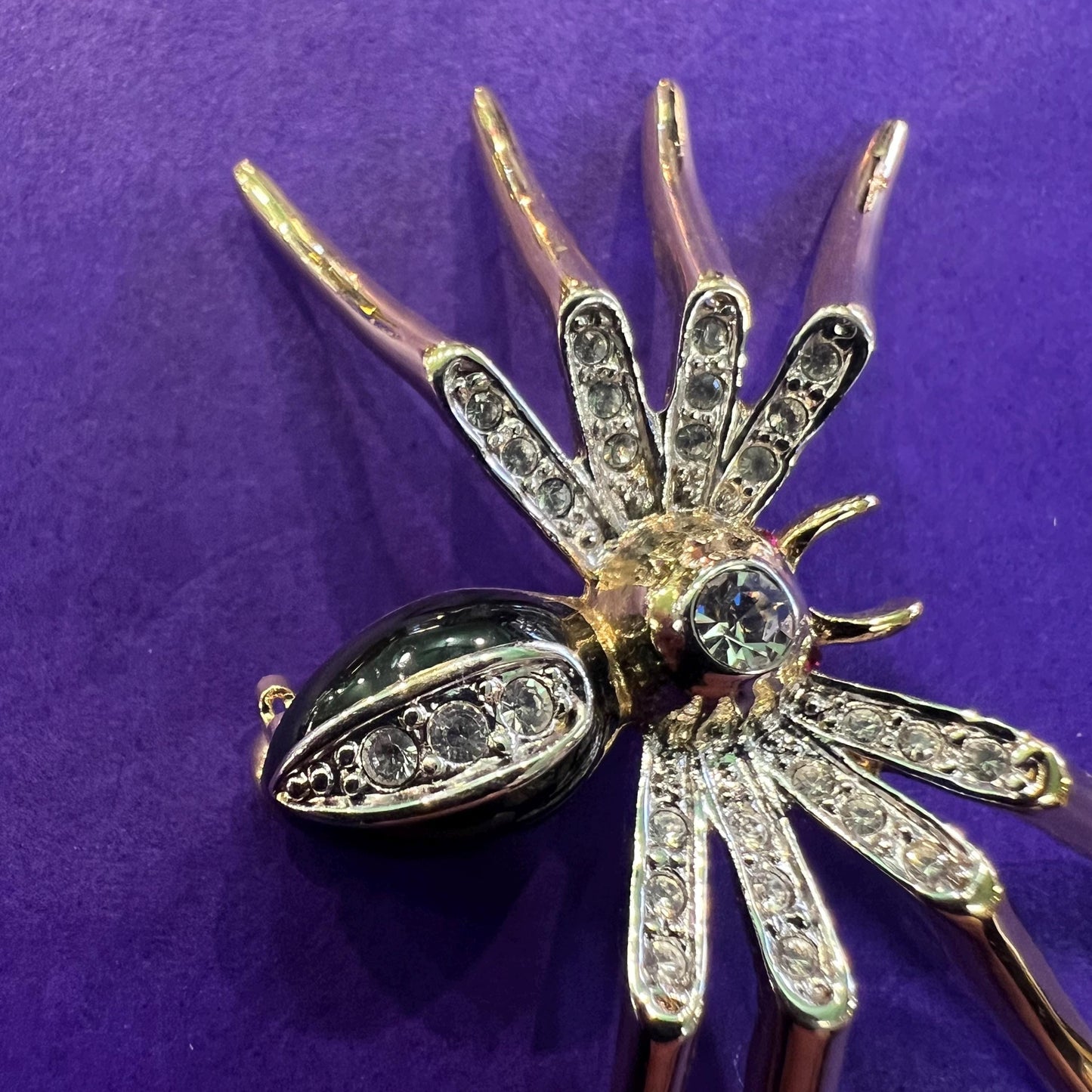 Vintage 1980s Crystal Spider Brooch, gold tone with enamel and crystal