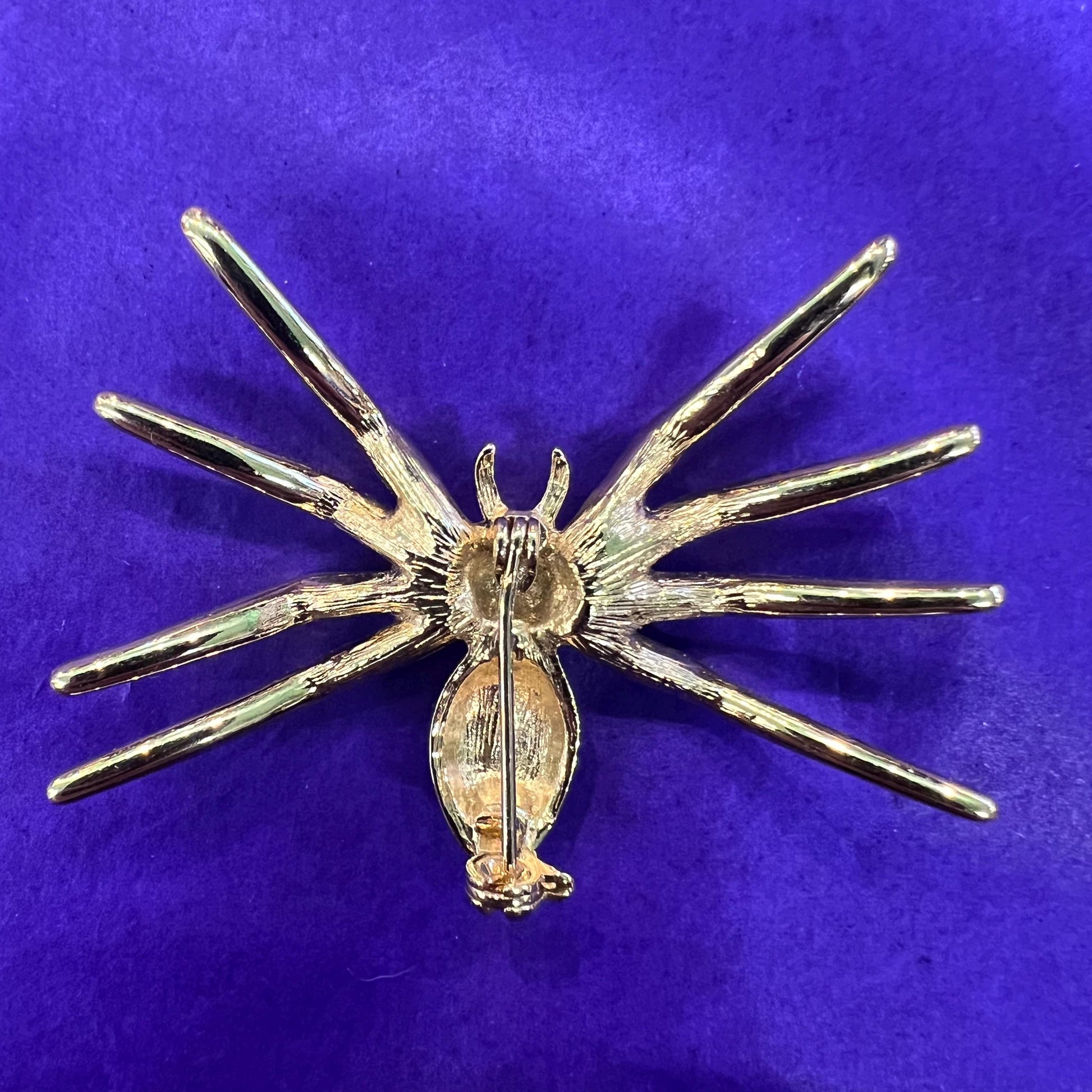 Vintage 1980s Crystal Spider Brooch, gold tone with enamel and crystal