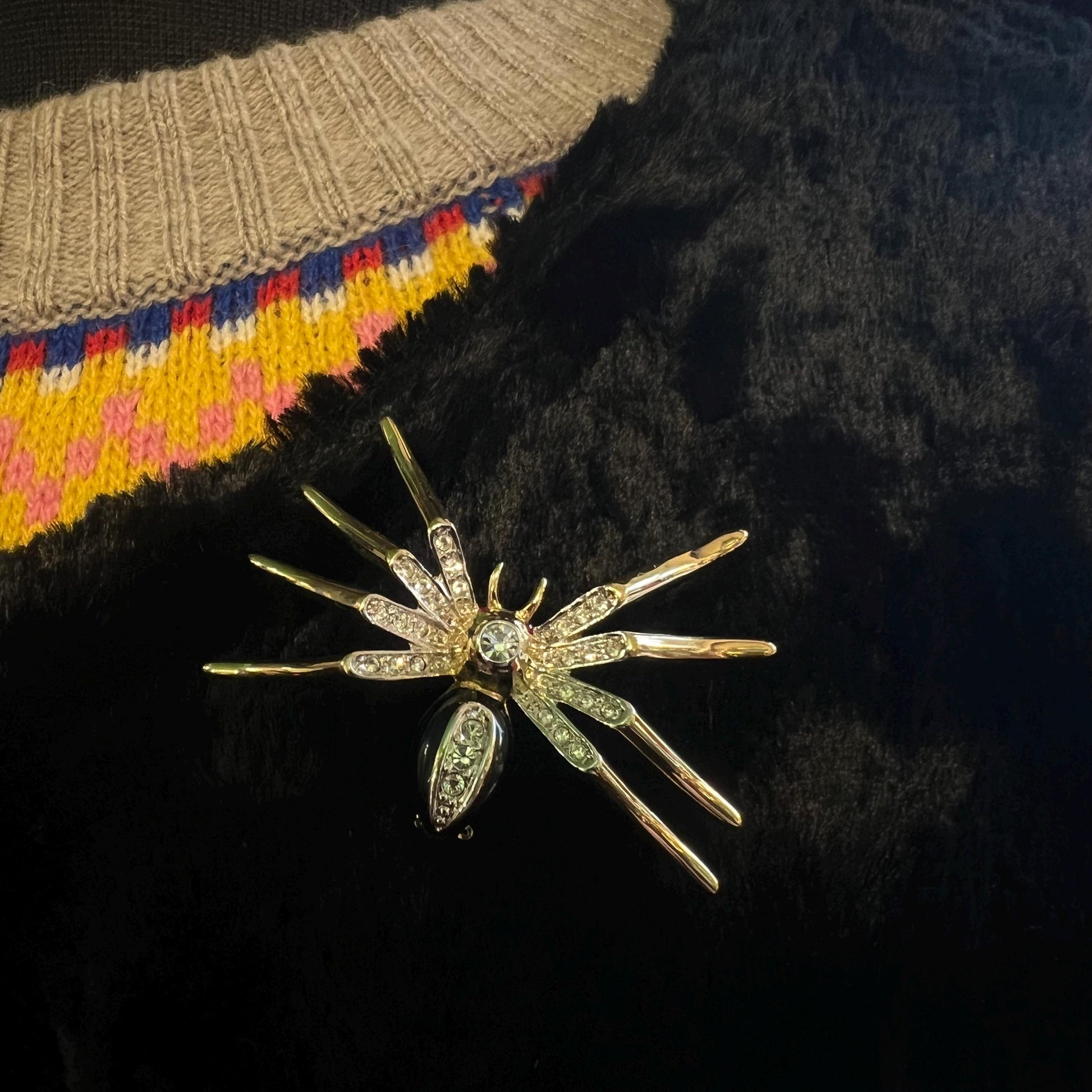 Vintage 1980s Crystal Spider Brooch, gold tone with enamel and crystal