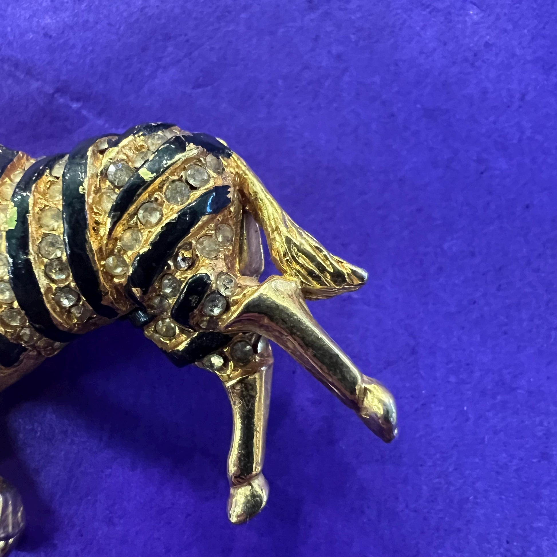 Vintage 1980s Crystal Zebra Brooch, gold tone with black enamel and rhinestones