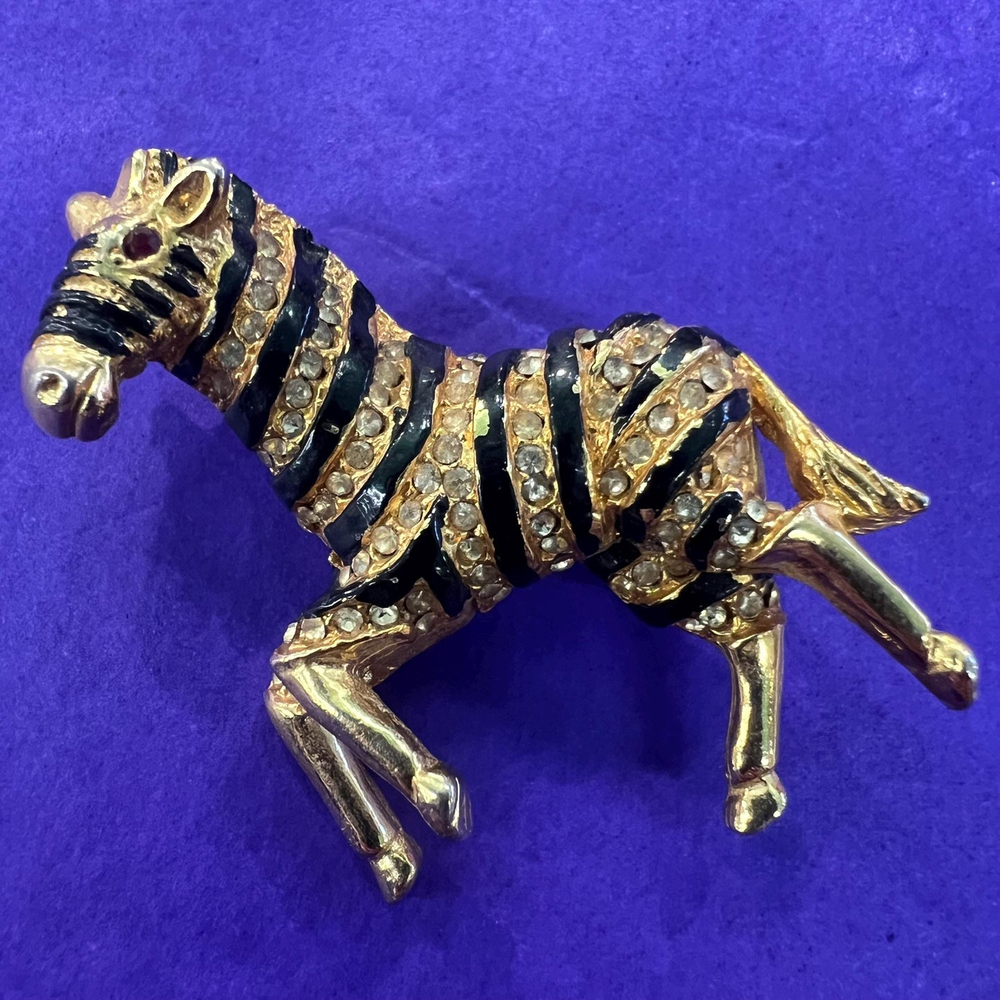 Vintage 1980s Crystal Zebra Brooch, gold tone with black enamel and rhinestones