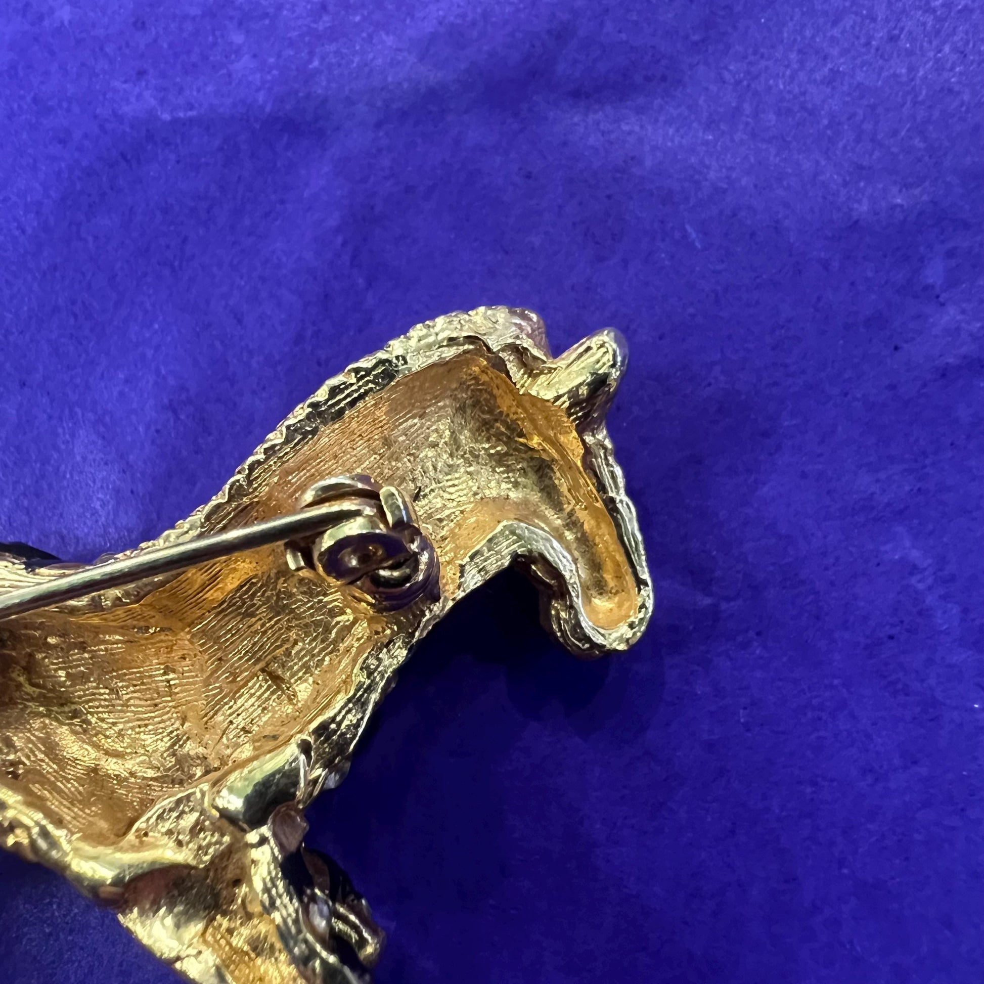 Vintage 1980s Crystal Zebra Brooch, gold tone with black enamel and rhinestones