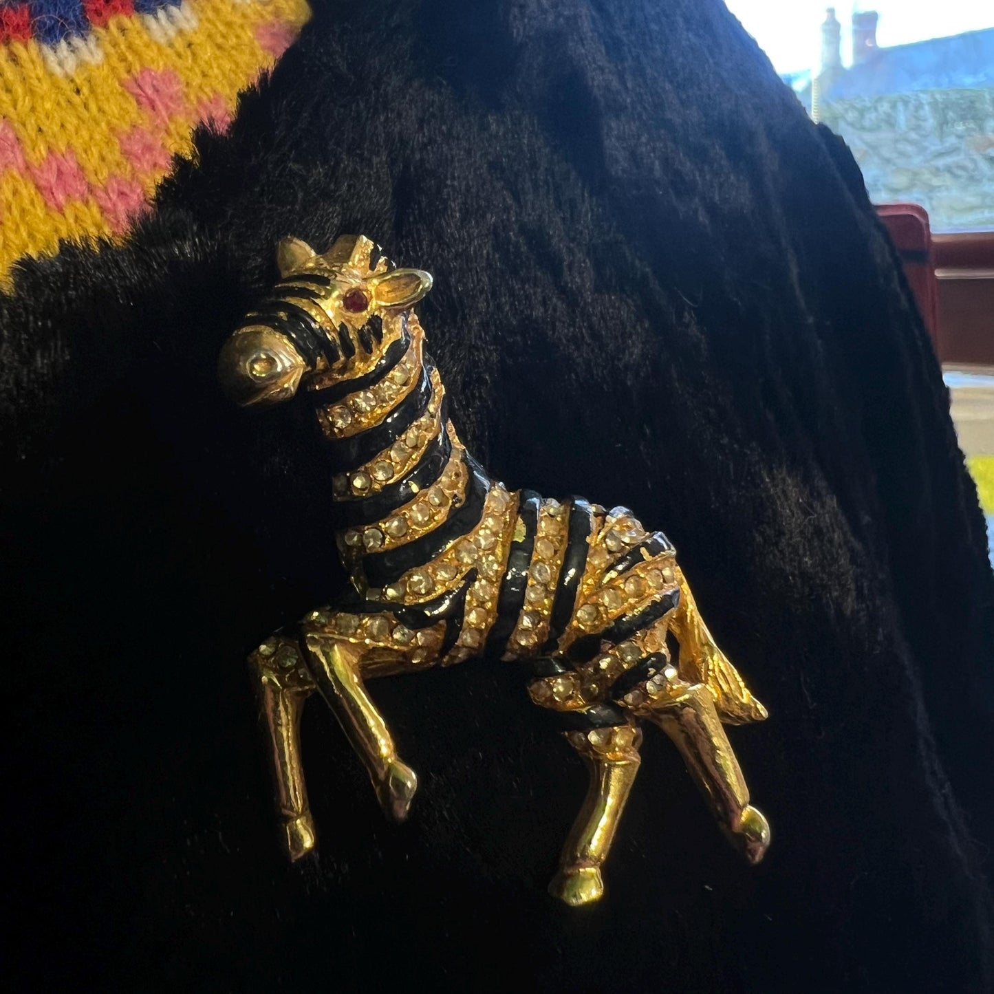 Vintage 1980s Crystal Zebra Brooch, gold tone with black enamel and rhinestones