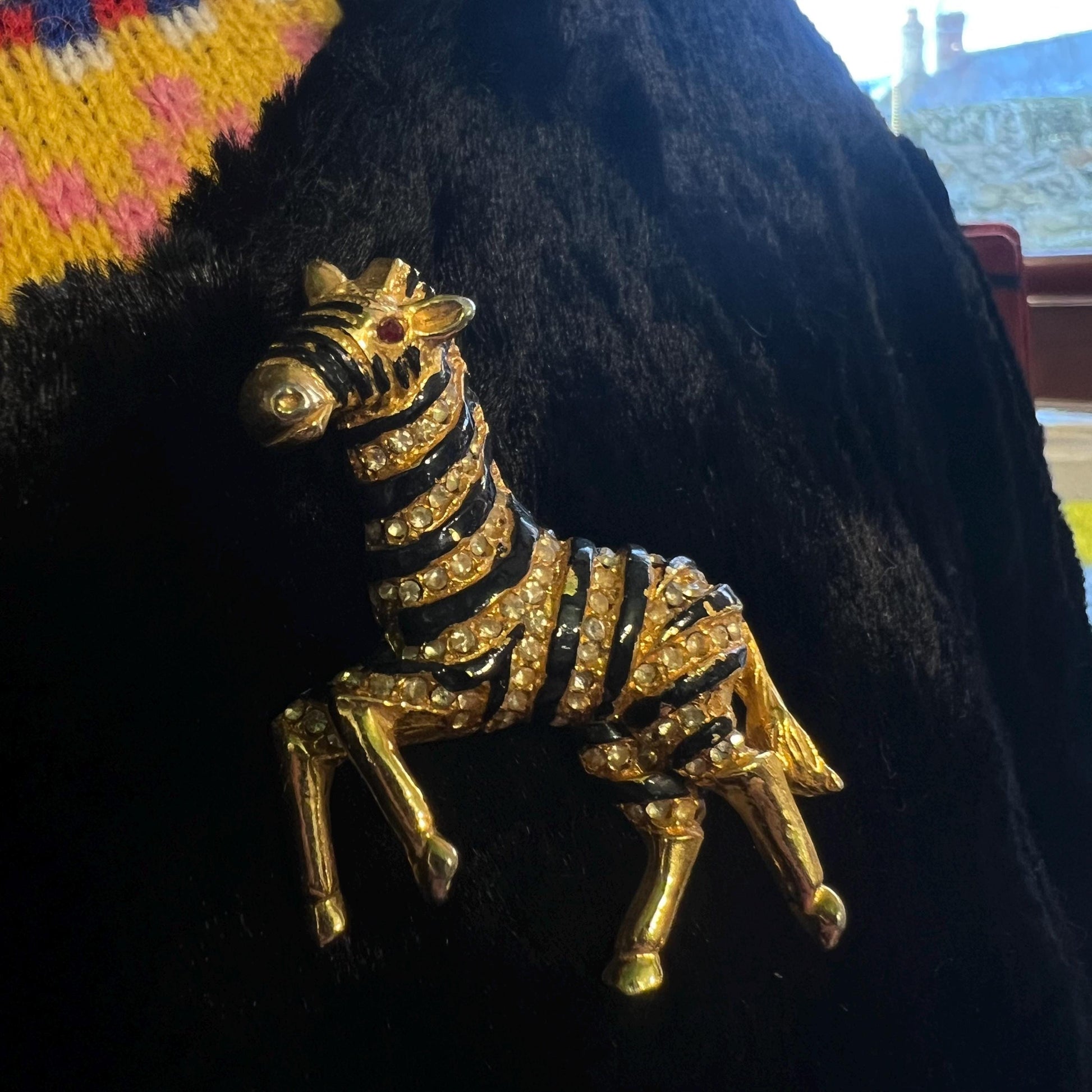 Vintage 1980s Crystal Zebra Brooch, gold tone with black enamel and rhinestones