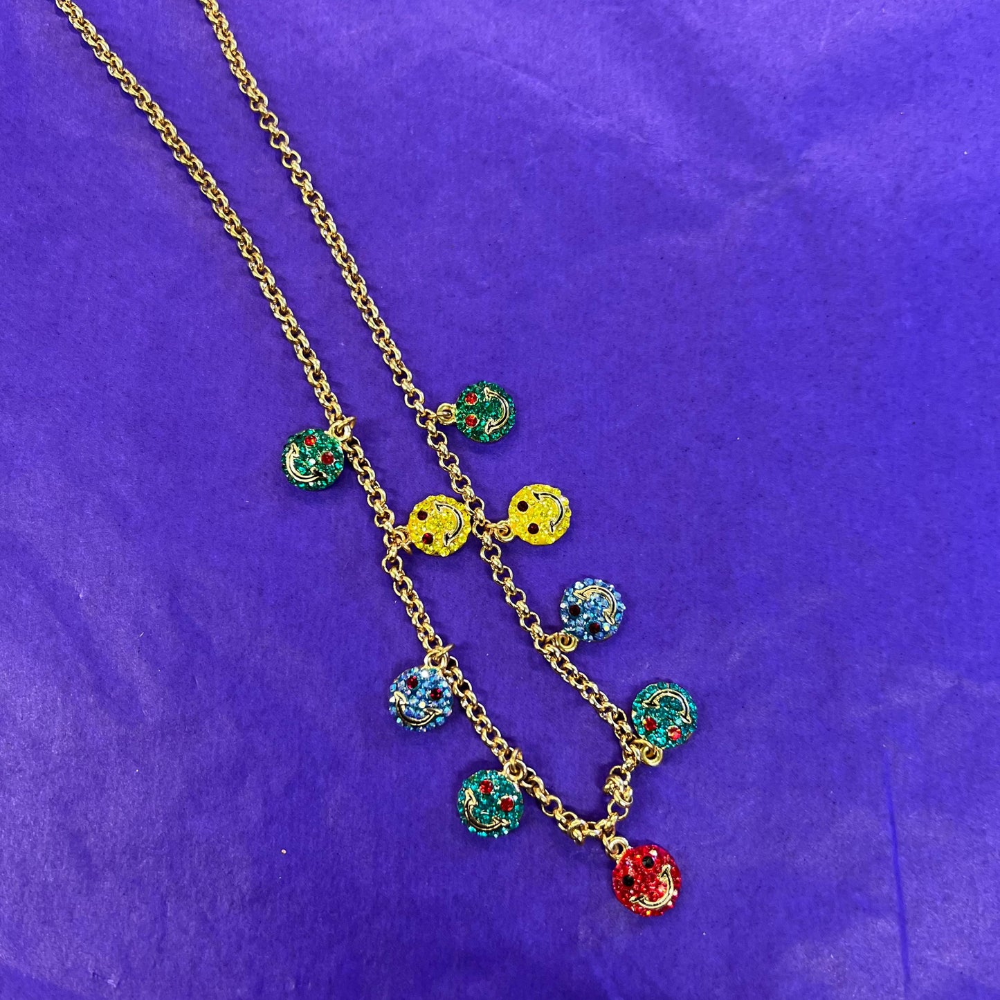 Vintage Butler and Wilson Rainbow Crystal Smiley Face Necklace and Earring Set, Gold tone with crystals