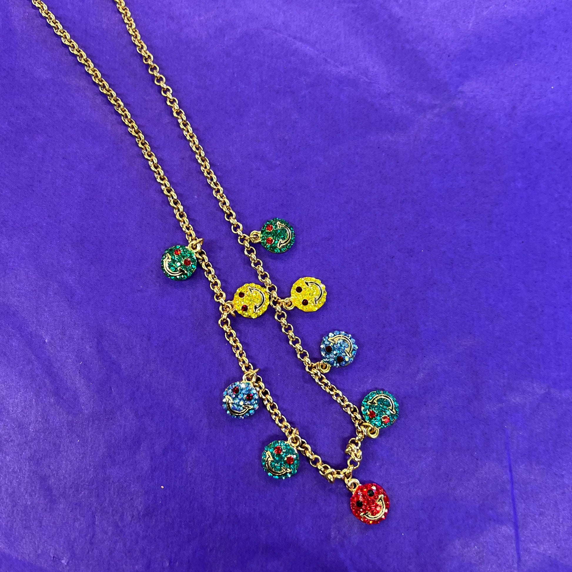 Vintage Butler and Wilson Rainbow Crystal Smiley Face Necklace and Earring Set, Gold tone with crystals
