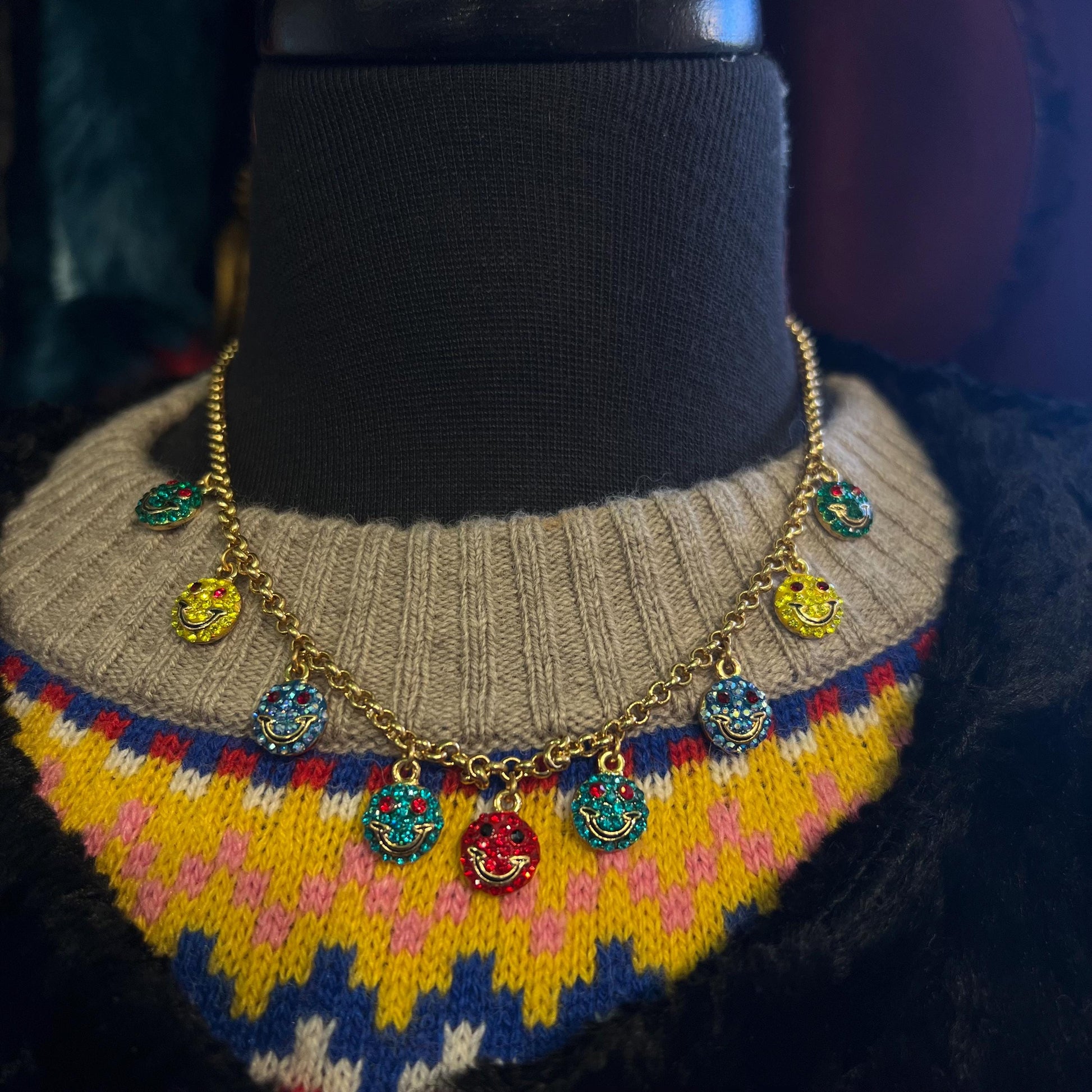 Vintage Butler and Wilson Rainbow Crystal Smiley Face Necklace and Earring Set, Gold tone with crystals