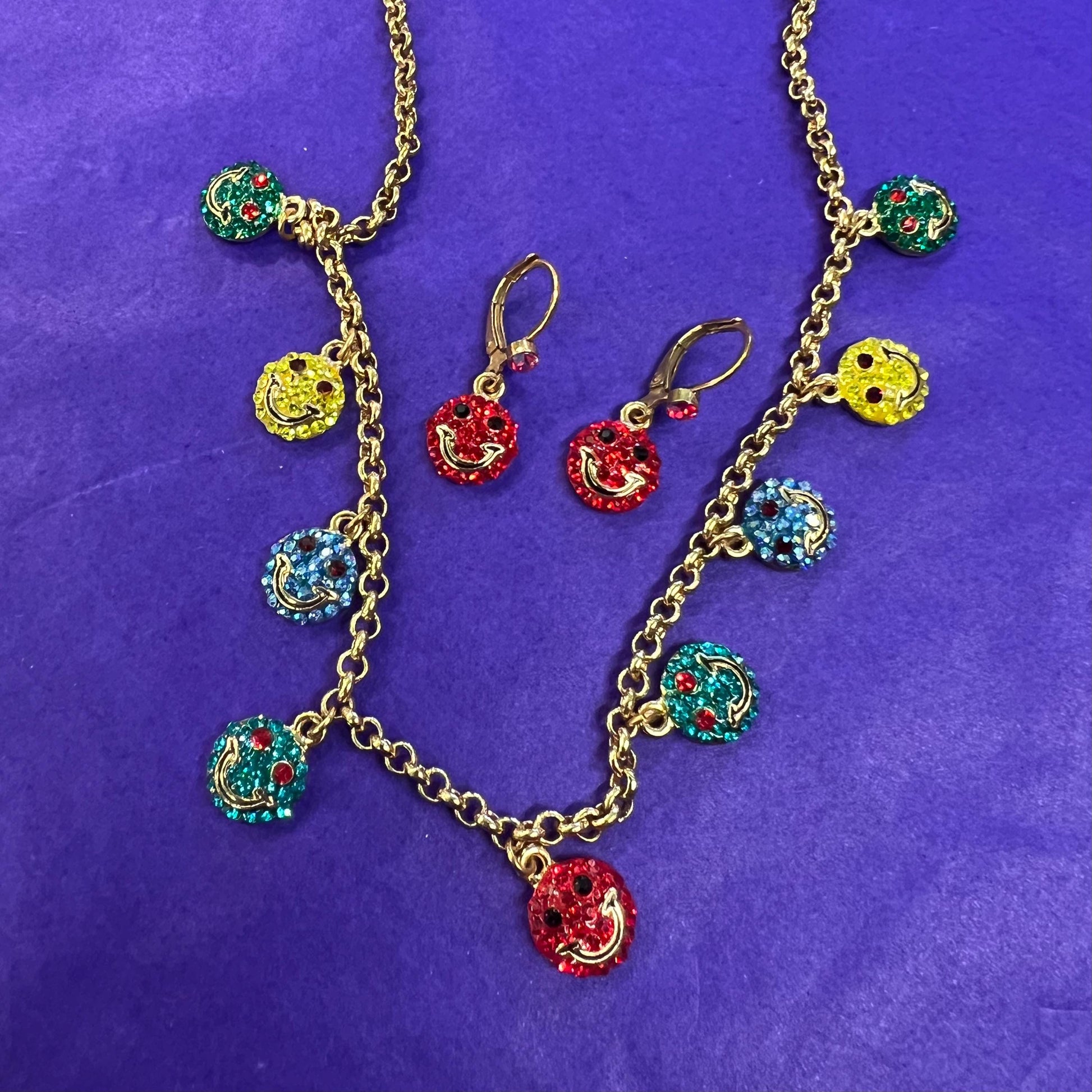 Vintage Butler and Wilson Rainbow Crystal Smiley Face Necklace and Earring Set, Gold tone with crystals