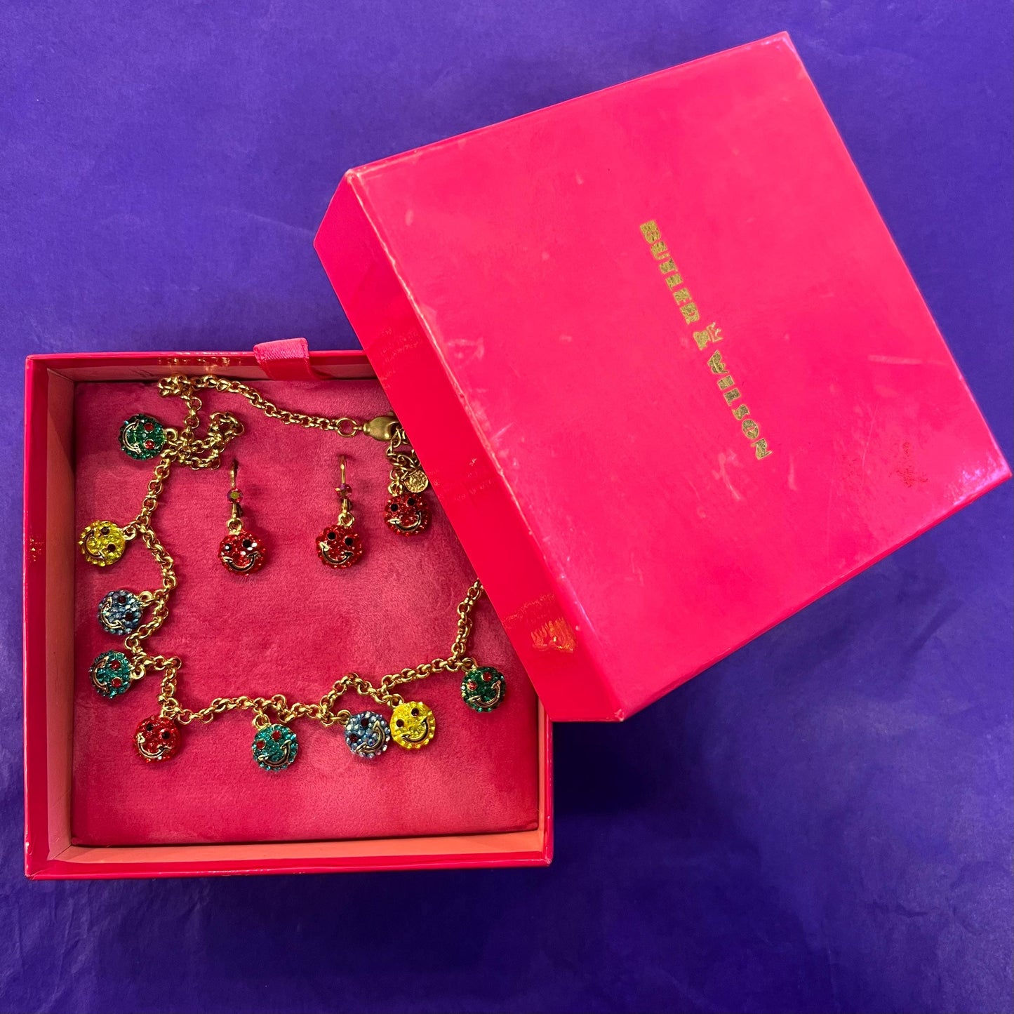 Vintage Butler and Wilson Rainbow Crystal Smiley Face Necklace and Earring Set, Gold tone with crystals