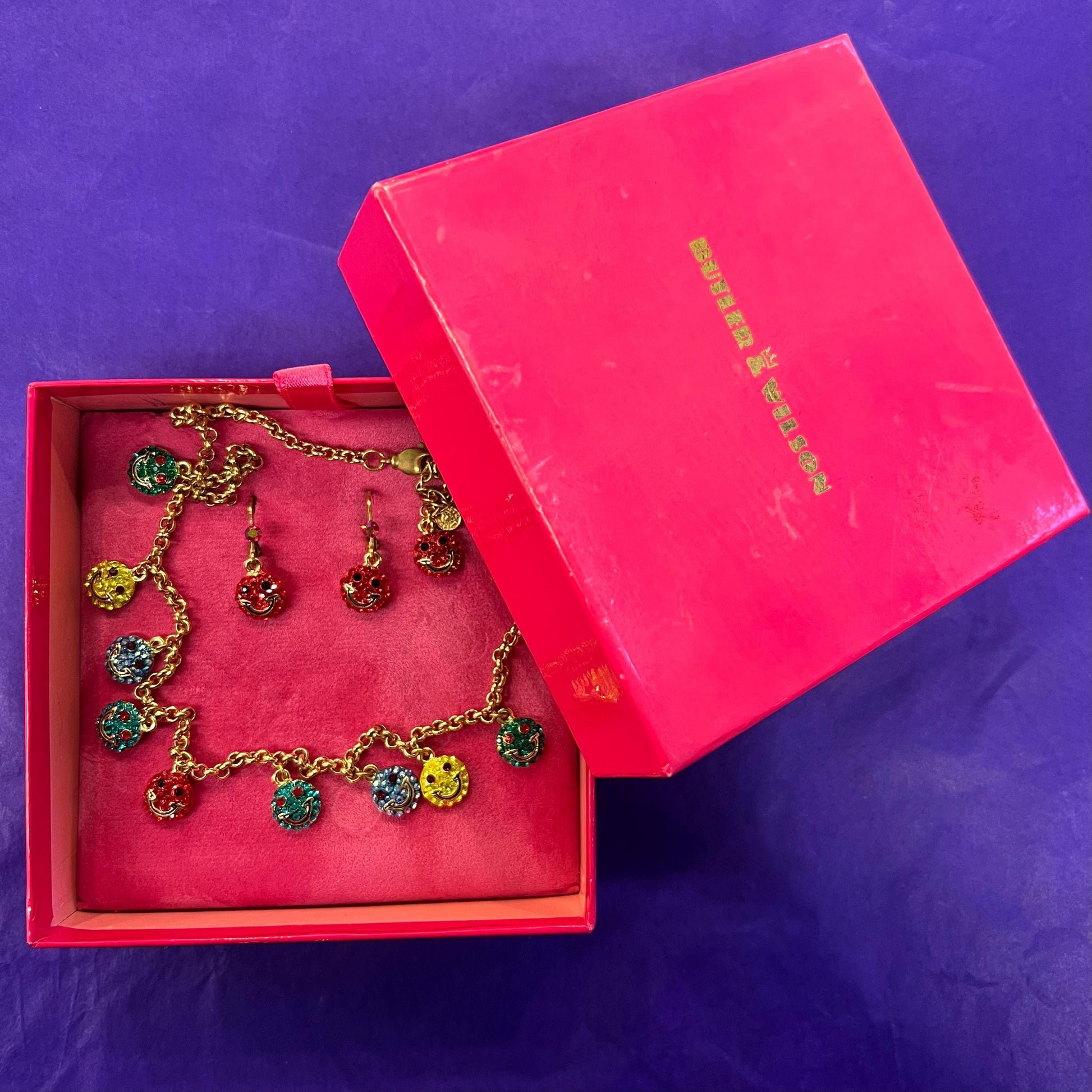 Vintage Butler and Wilson Rainbow Crystal Smiley Face Necklace and Earring Set, Gold tone with crystals