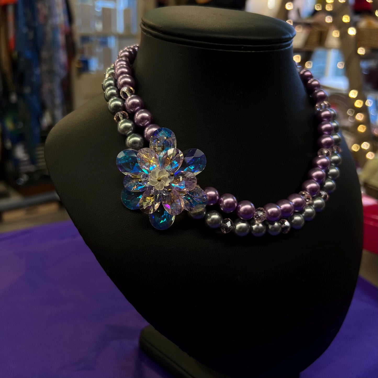 Vintage Butler and Wilson Faux Pearl and Crystal Asymmetric Floral Necklace, With Crystal Flowers - matching bracelet available separately