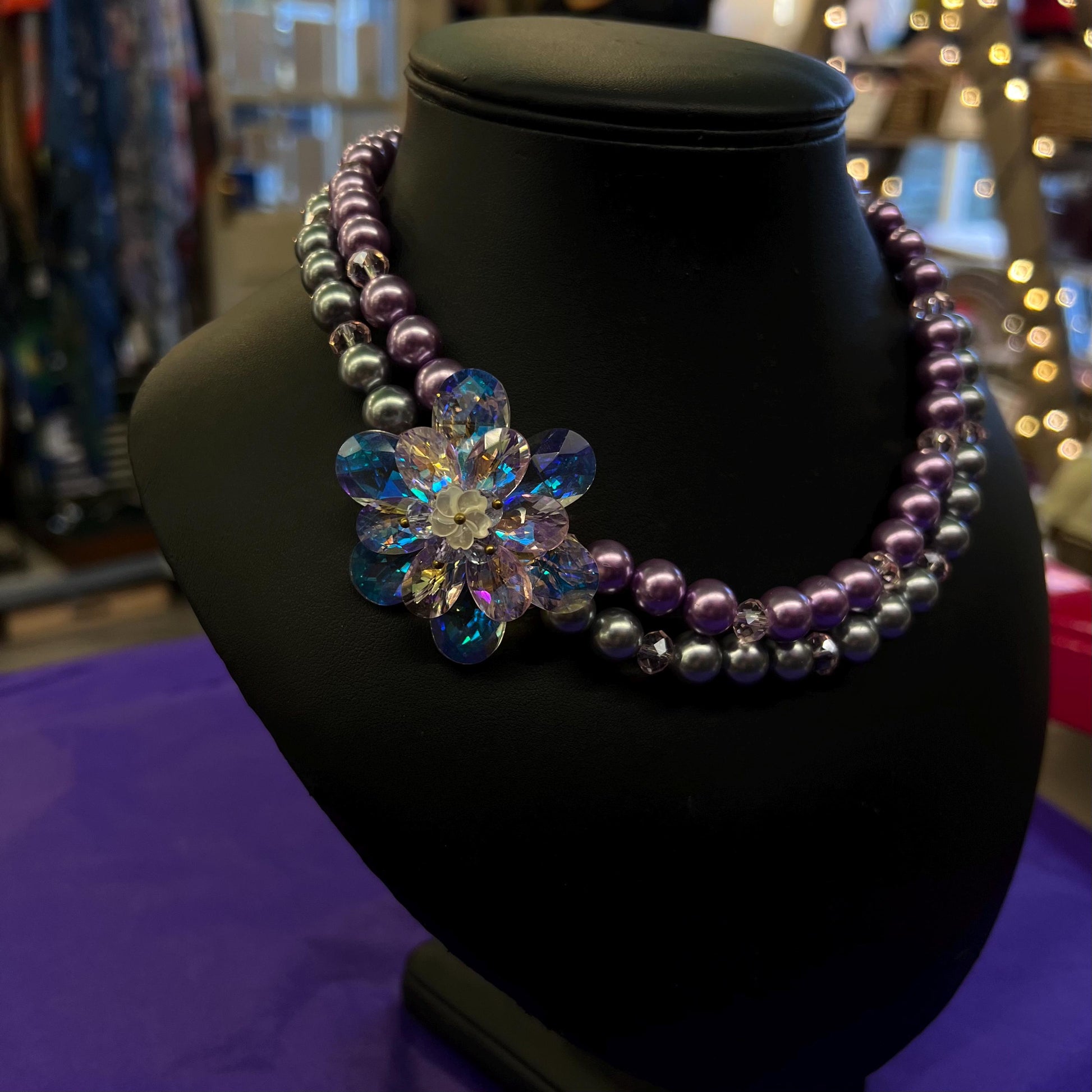 Vintage Butler and Wilson Faux Pearl and Crystal Asymmetric Floral Necklace, With Crystal Flowers - matching bracelet available separately