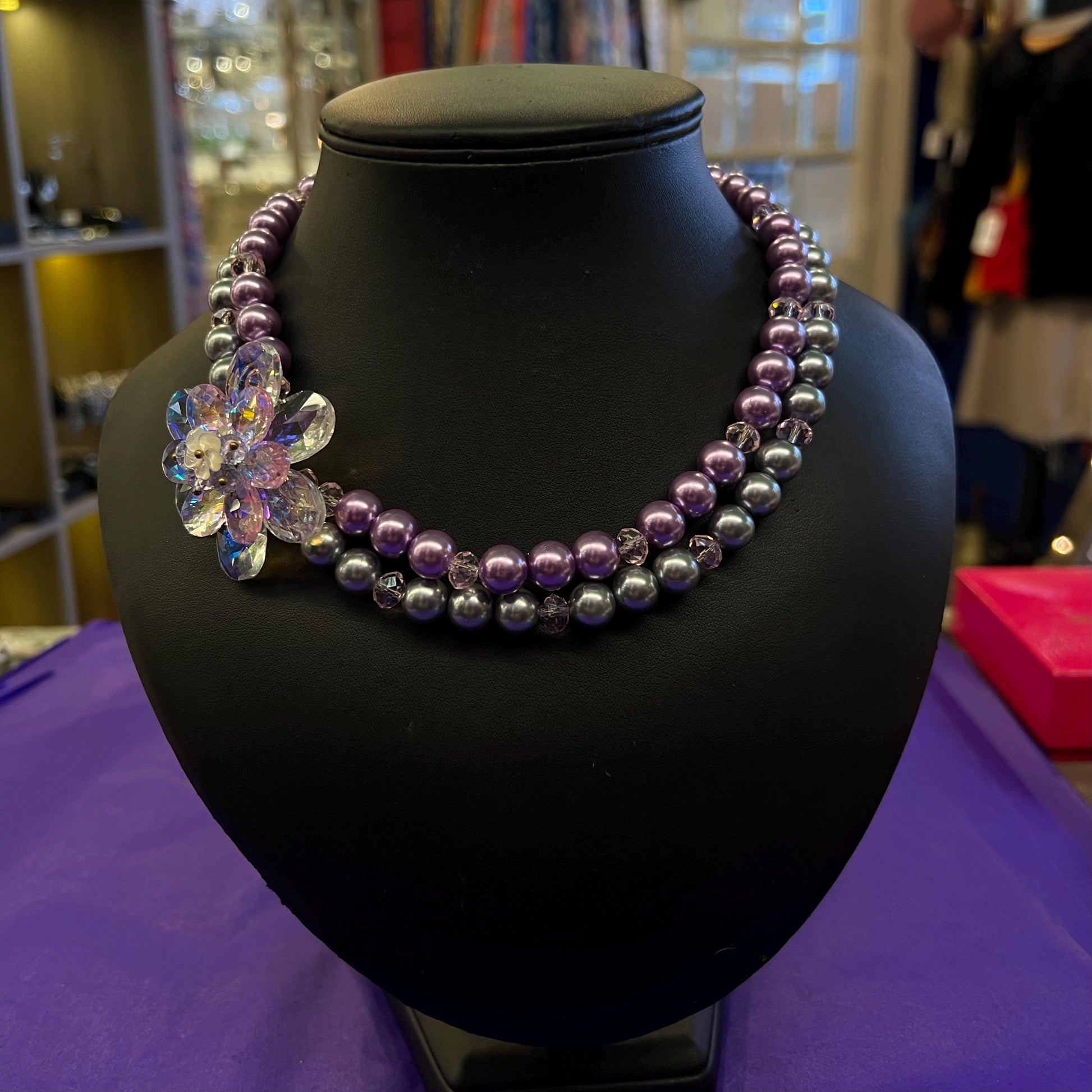 Vintage Butler and Wilson Faux Pearl and Crystal Asymmetric Floral Necklace, With Crystal Flowers - matching bracelet available separately