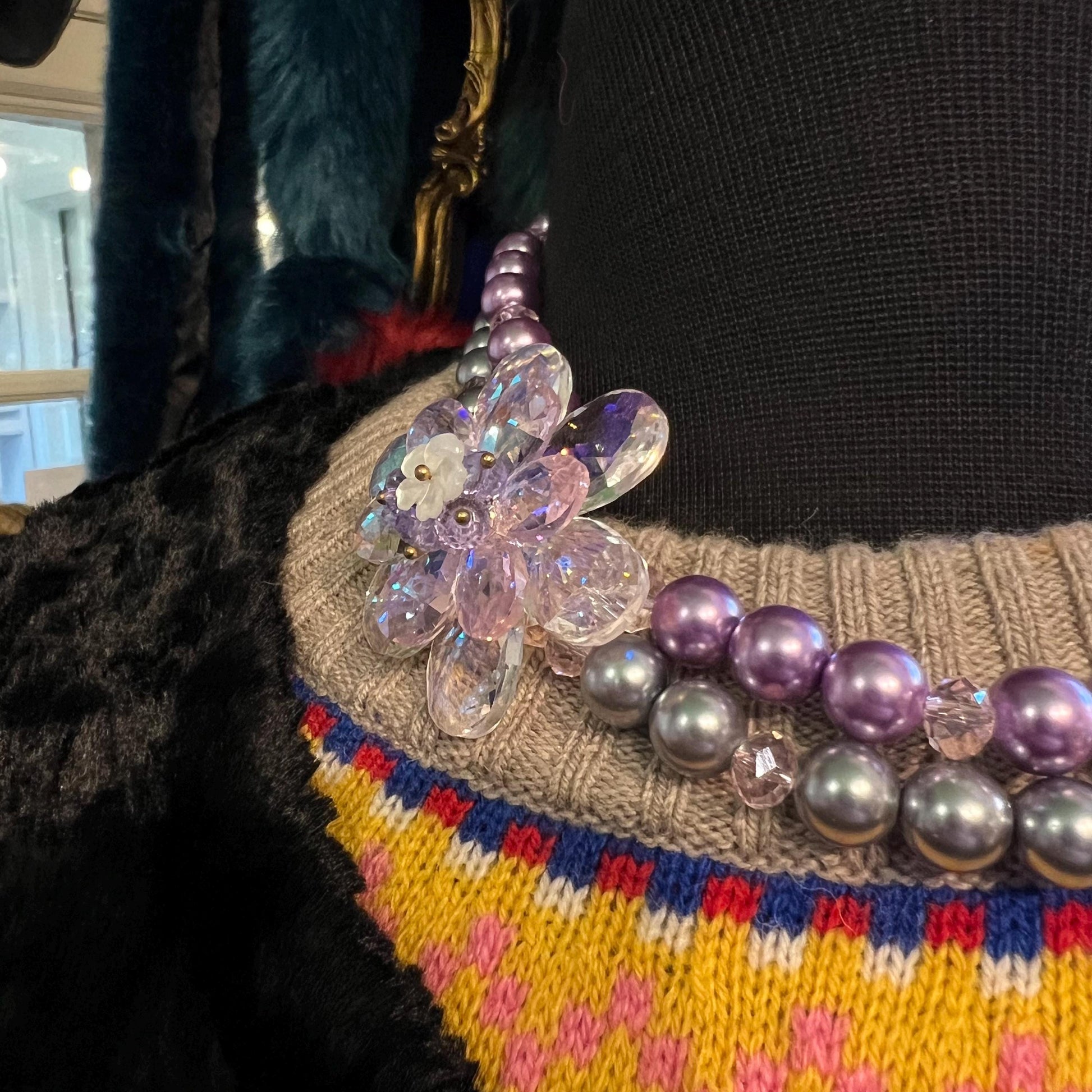 Vintage Butler and Wilson Faux Pearl and Crystal Asymmetric Floral Necklace, With Crystal Flowers - matching bracelet available separately