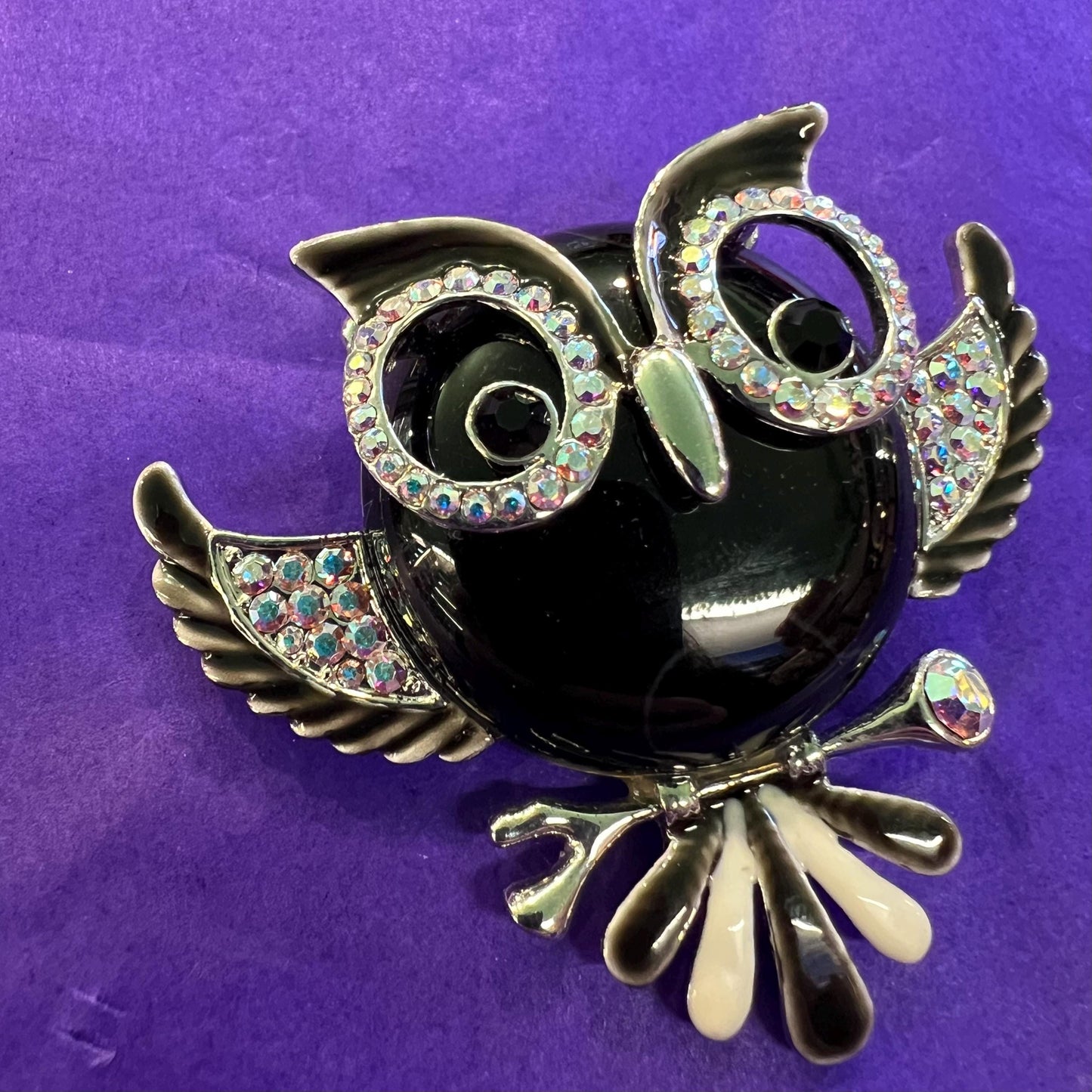 Vintage Butler and Wilson Large Crystal Owl Brooch, Onyx Gemstone and Aurora Borealis Rhinestones