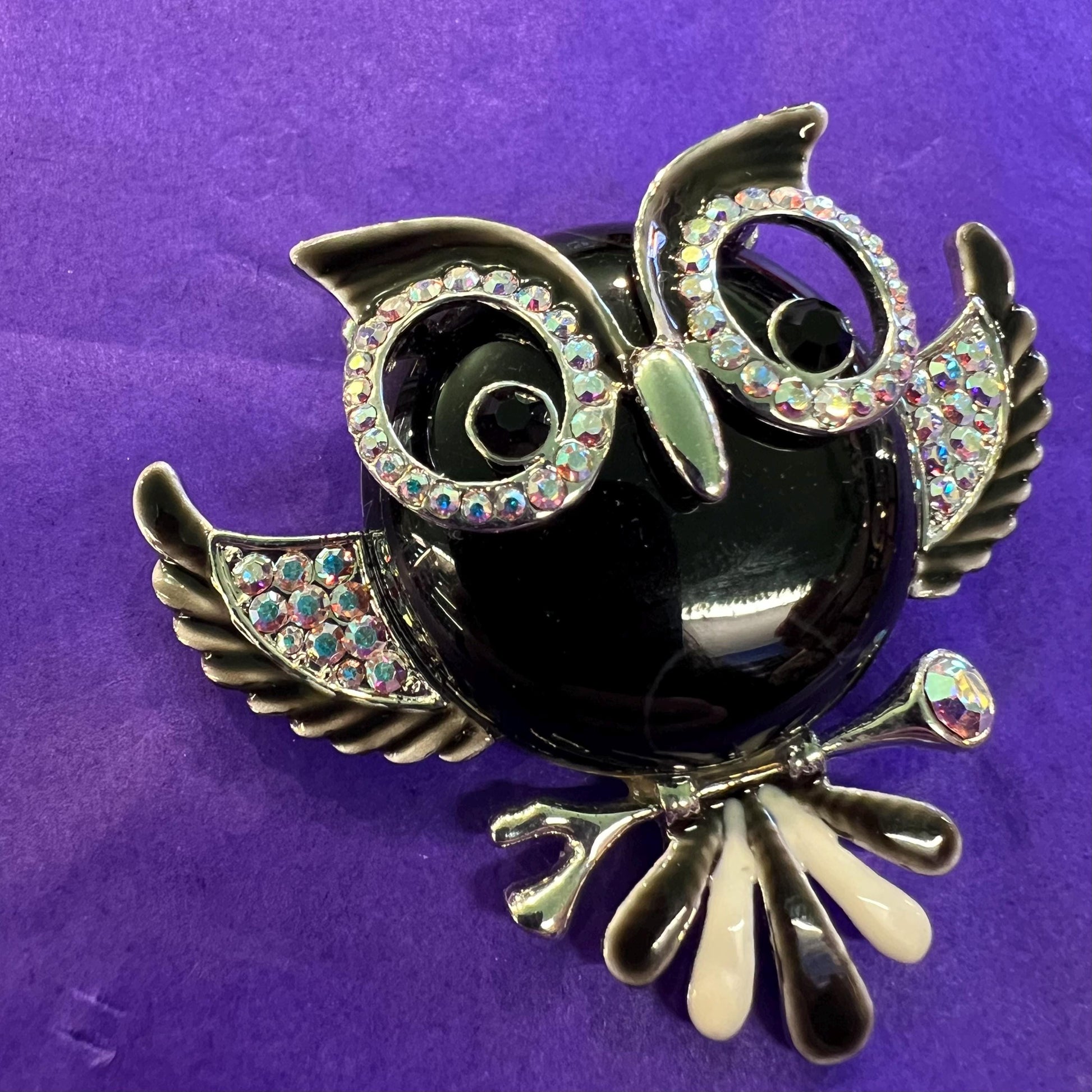 Vintage Butler and Wilson Large Crystal Owl Brooch, Onyx Gemstone and Aurora Borealis Rhinestones