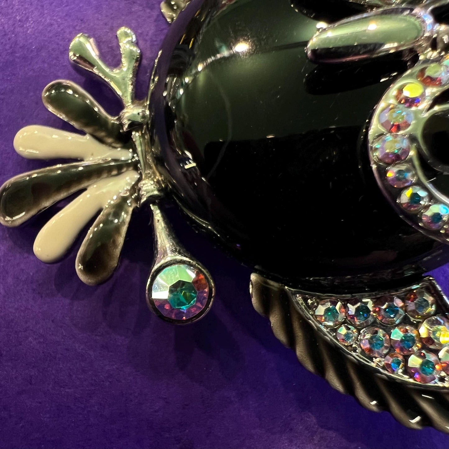 Vintage Butler and Wilson Large Crystal Owl Brooch, Onyx Gemstone and Aurora Borealis Rhinestones