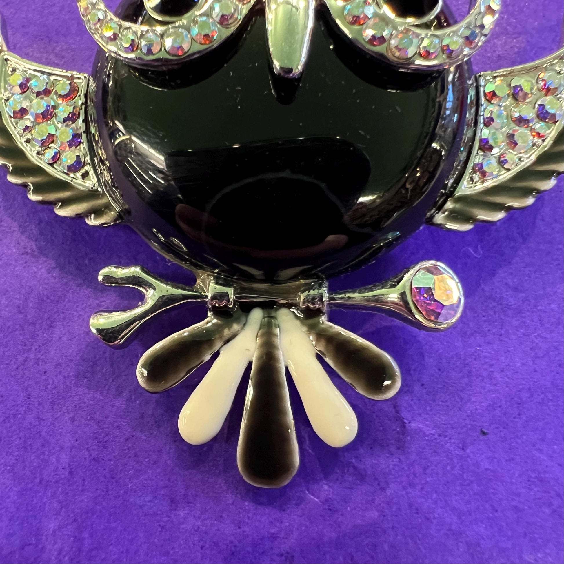 Vintage Butler and Wilson Large Crystal Owl Brooch, Onyx Gemstone and Aurora Borealis Rhinestones
