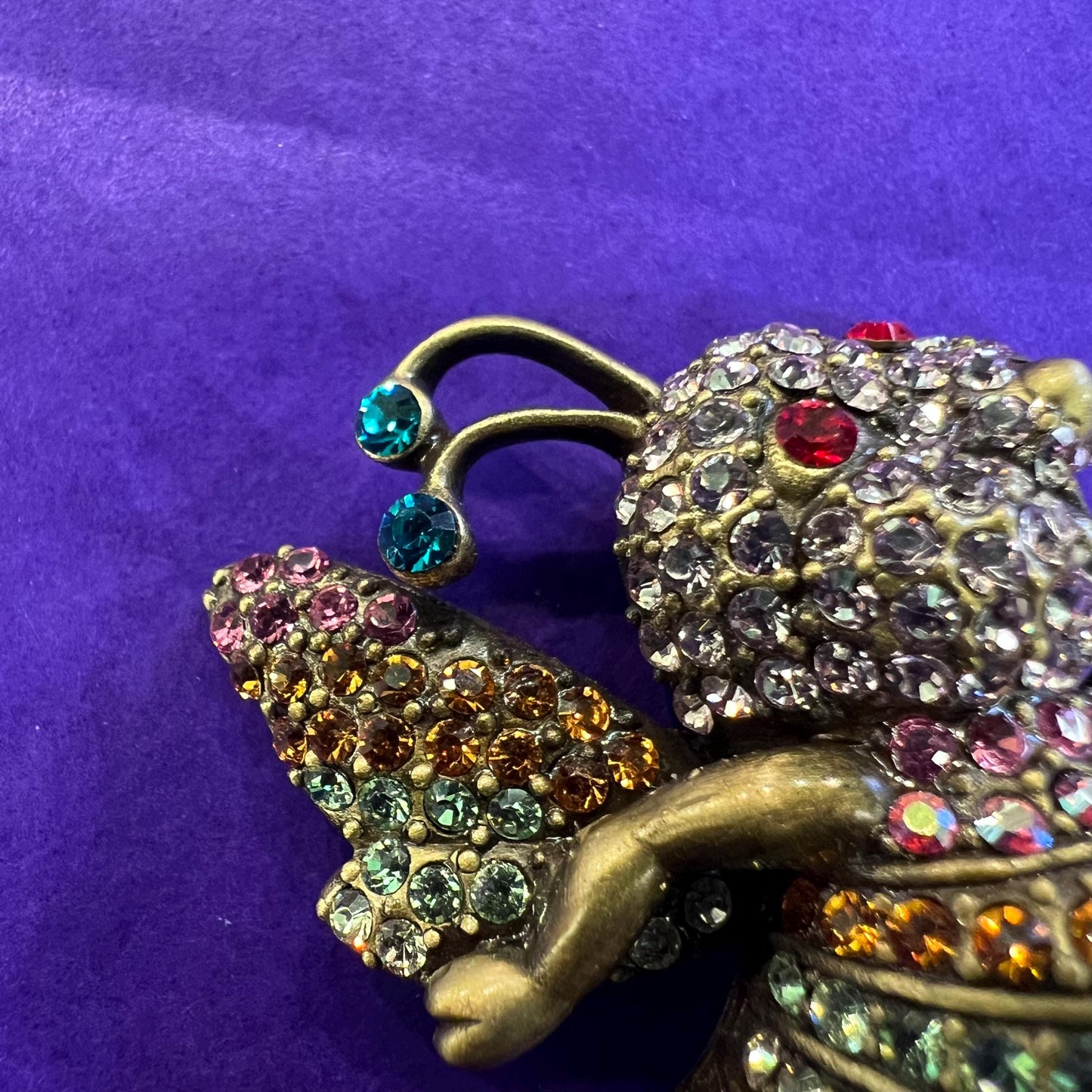 Vintage Butler and Wilson Crystal Dancing Bee Brooch, Old gold tone with pastel Ombré rhinestones