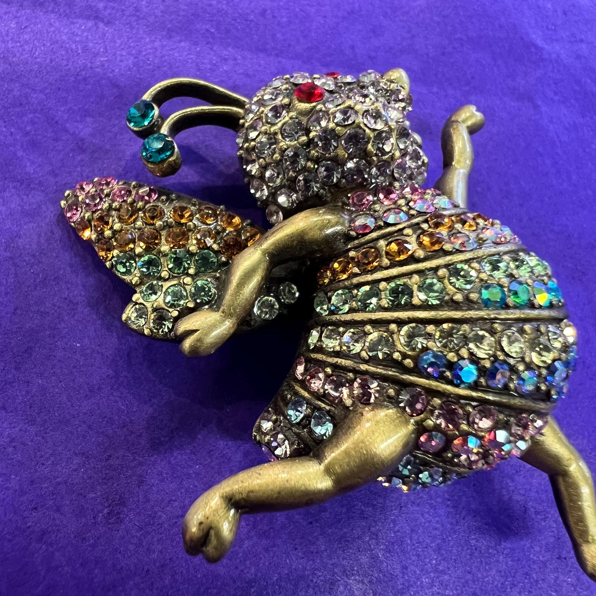 Vintage Butler and Wilson Crystal Dancing Bee Brooch, Old gold tone with pastel Ombré rhinestones