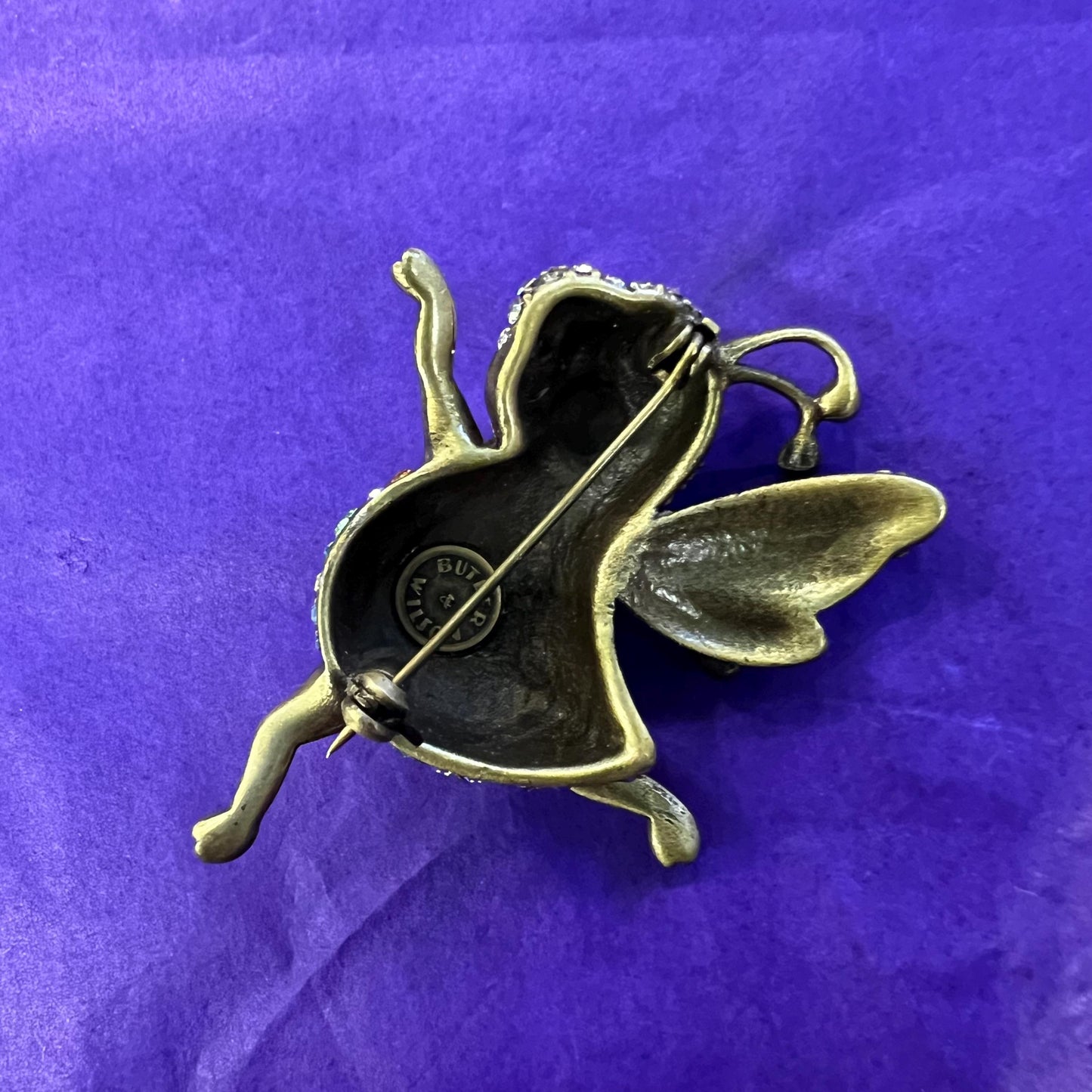 Vintage Butler and Wilson Crystal Dancing Bee Brooch, Old gold tone with pastel Ombré rhinestones