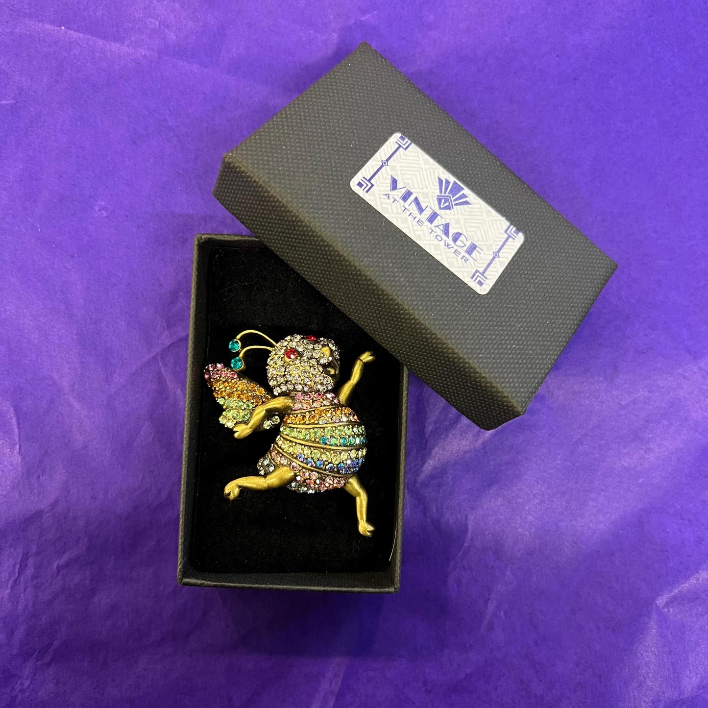 Vintage Butler and Wilson Crystal Dancing Bee Brooch, Old gold tone with pastel Ombré rhinestones