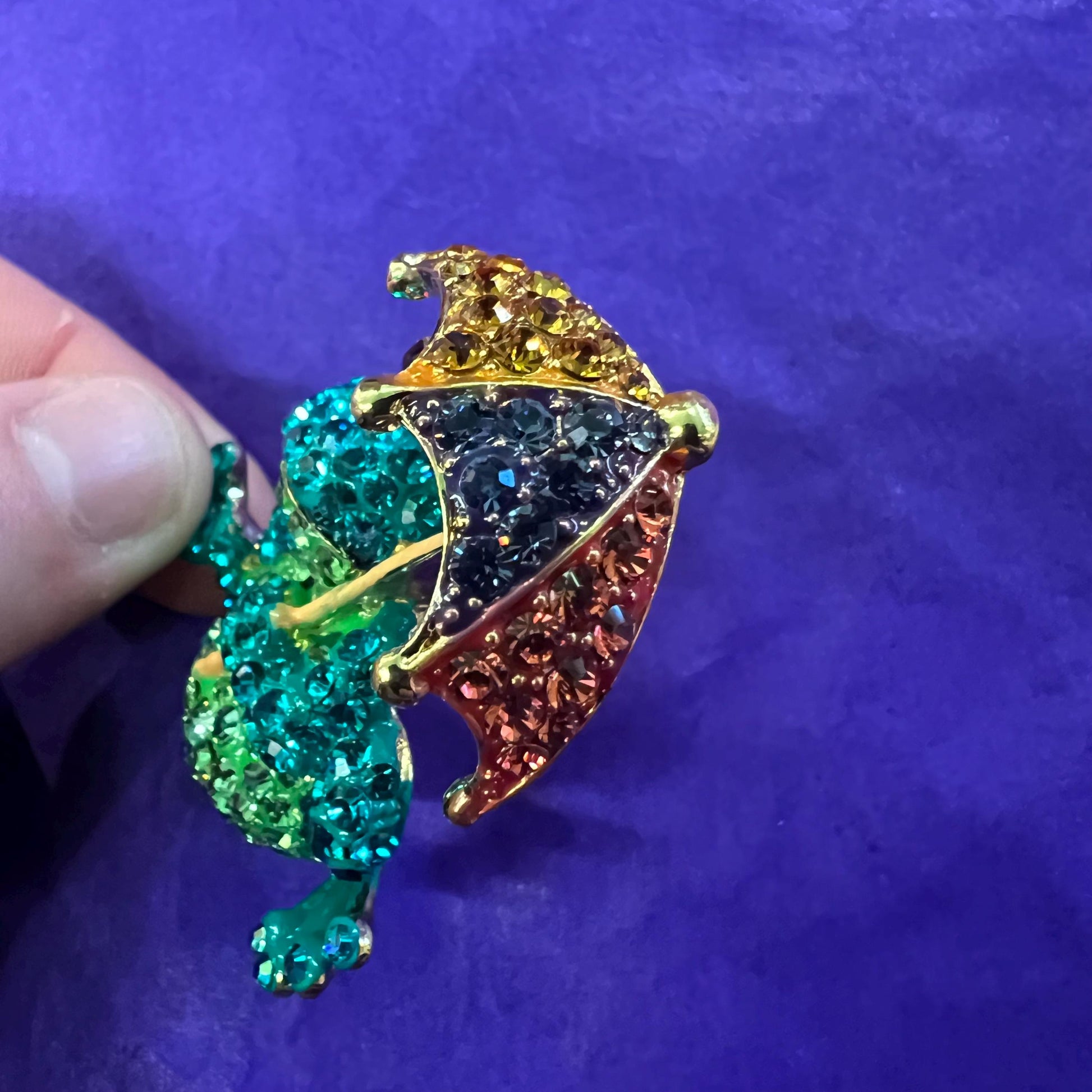 Vintage Butler and Wilson Quirky Crystal Frog with Umbrella Brooch, Gold tone with vibrant rhinestones, unique gift