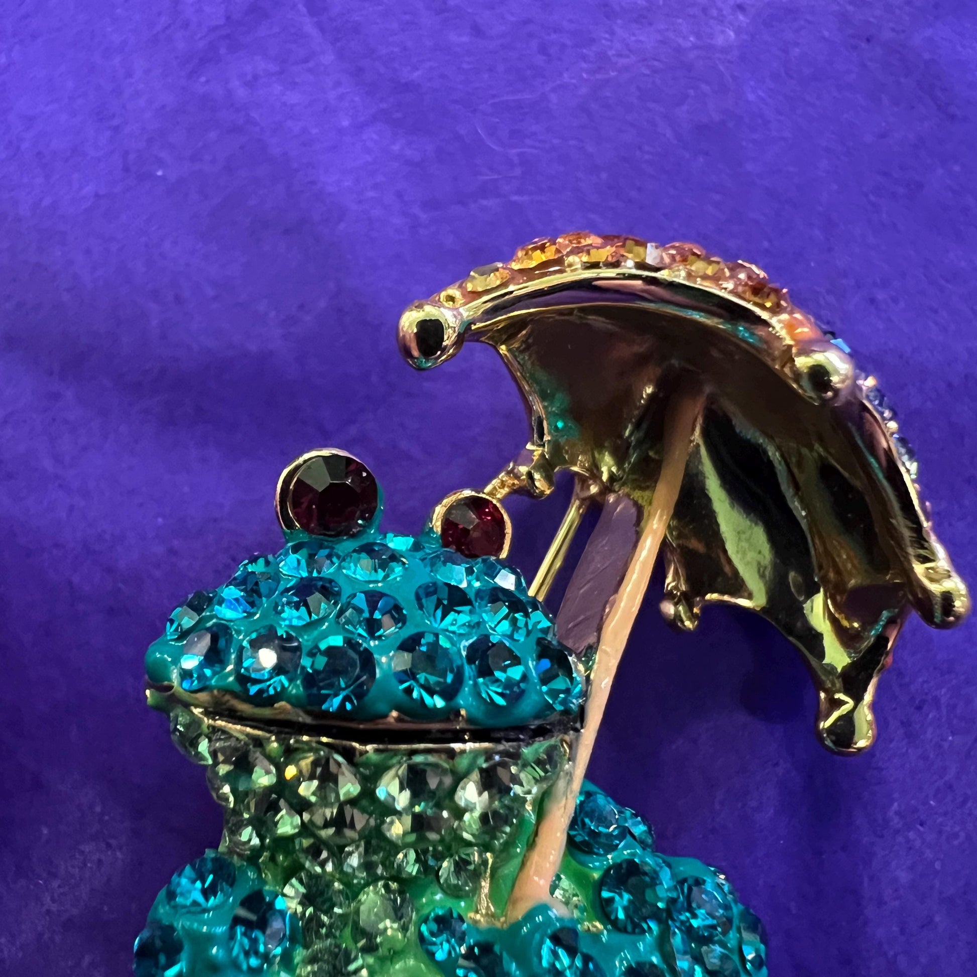 Vintage Butler and Wilson Quirky Crystal Frog with Umbrella Brooch, Gold tone with vibrant rhinestones, unique gift