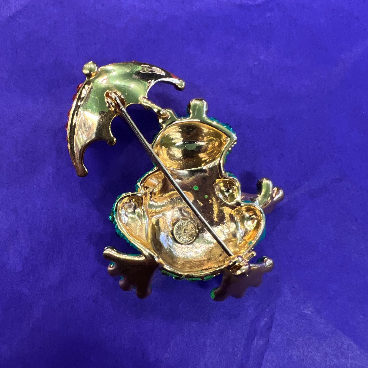 Vintage Butler and Wilson Quirky Crystal Frog with Umbrella Brooch, Gold tone with vibrant rhinestones, unique gift