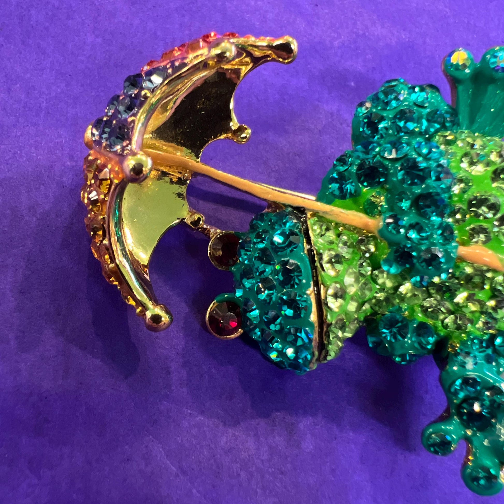 Vintage Butler and Wilson Quirky Crystal Frog with Umbrella Brooch, Gold tone with vibrant rhinestones, unique gift