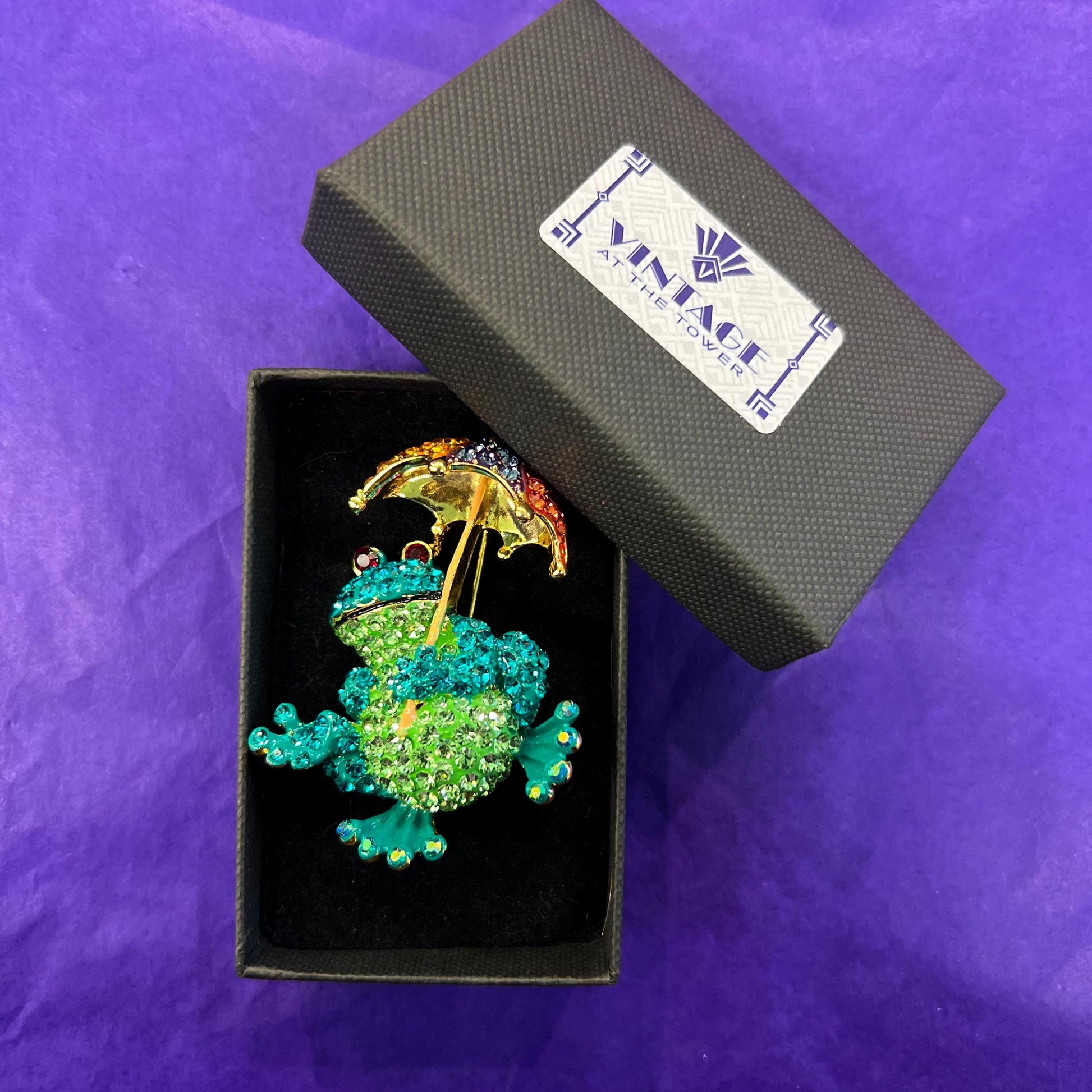 Vintage Butler and Wilson Quirky Crystal Frog with Umbrella Brooch, Gold tone with vibrant rhinestones, unique gift