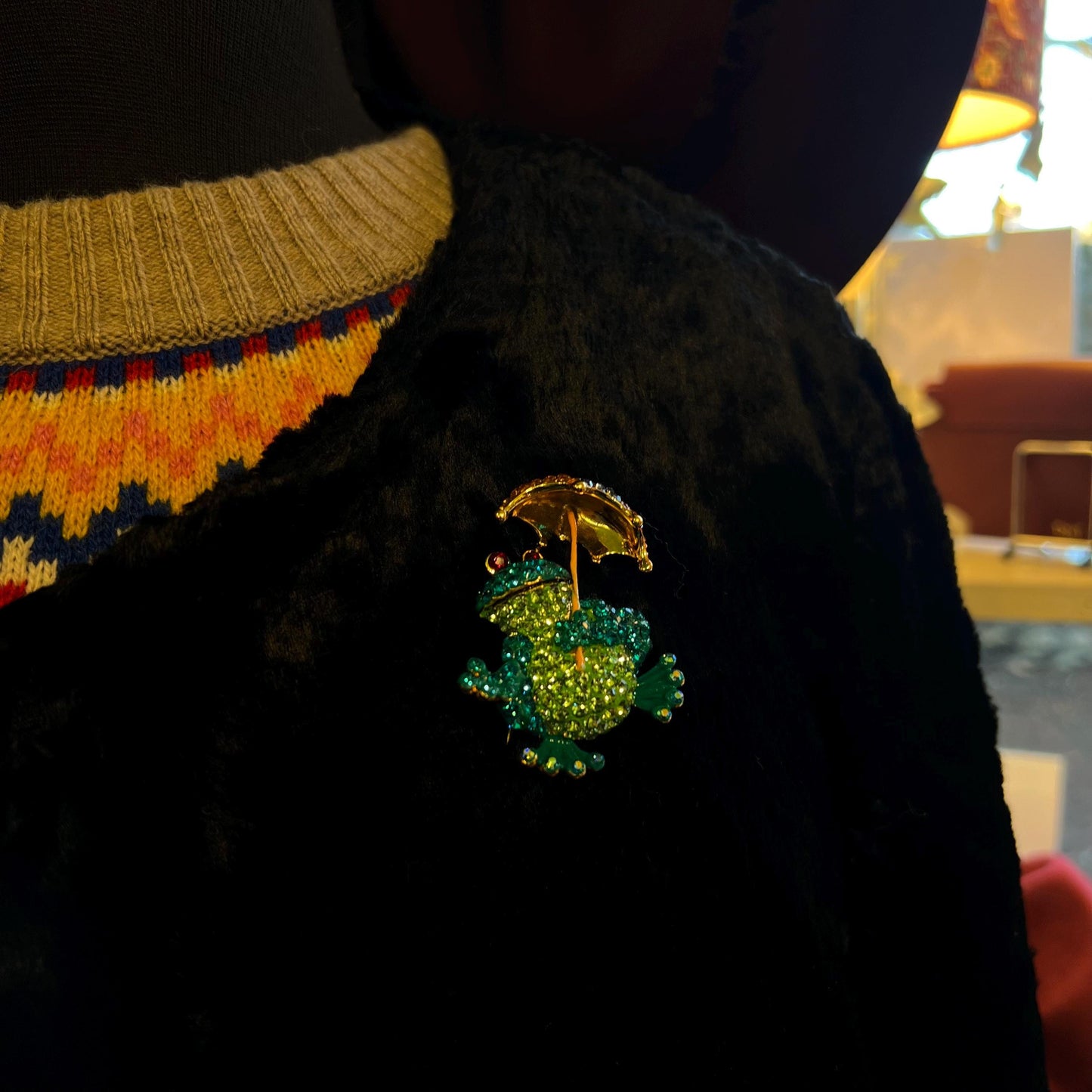 Vintage Butler and Wilson Quirky Crystal Frog with Umbrella Brooch, Gold tone with vibrant rhinestones, unique gift