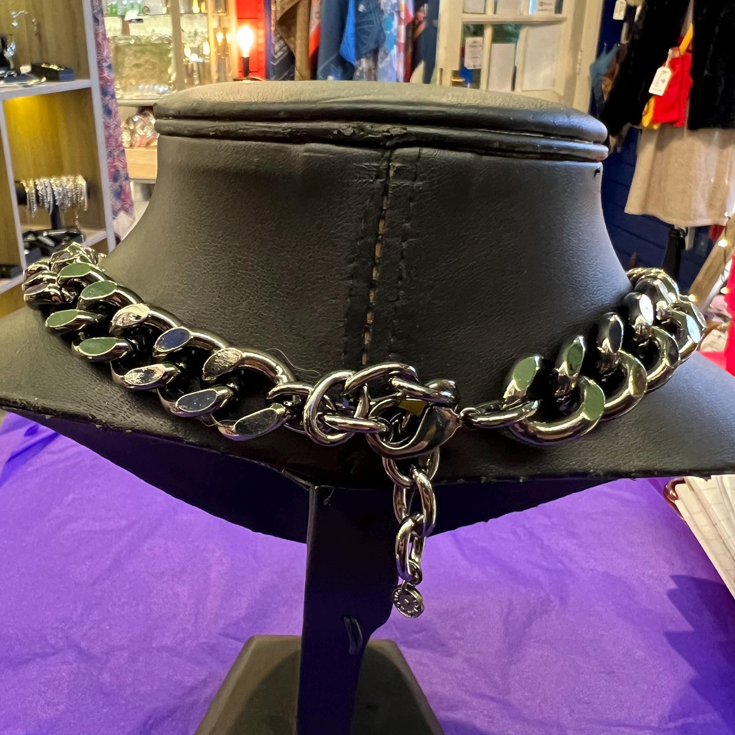 Vintage Butler and Wilson Statement Pewter tone Crystal necklace, Aurora Borealis Crystals and Chunky Pewter Tone Chain