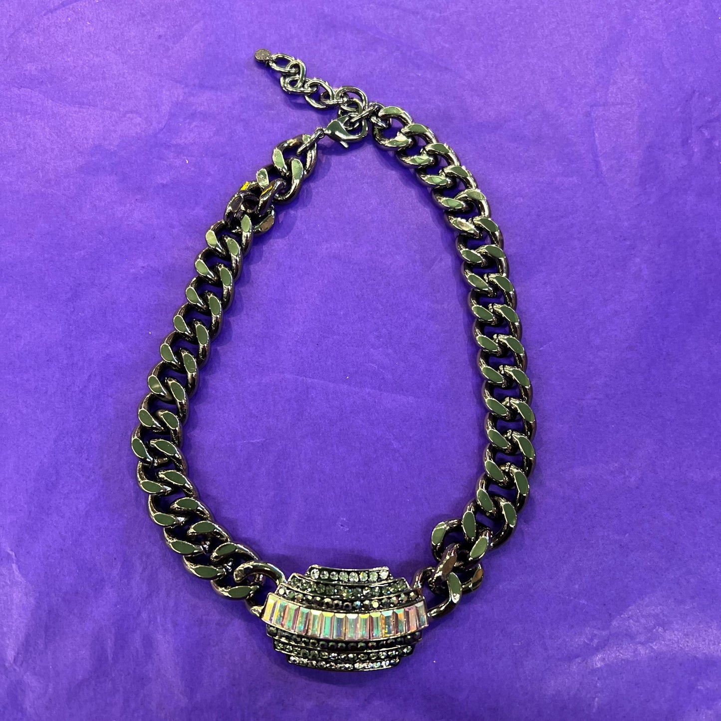 Vintage Butler and Wilson Statement Pewter tone Crystal necklace, Aurora Borealis Crystals and Chunky Pewter Tone Chain