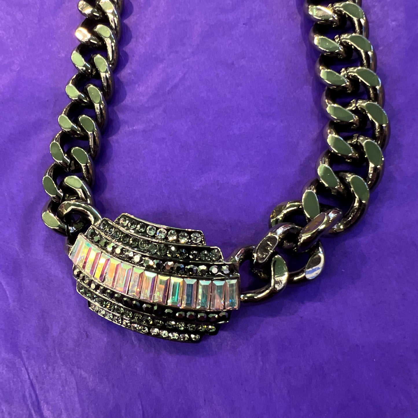Vintage Butler and Wilson Statement Pewter tone Crystal necklace, Aurora Borealis Crystals and Chunky Pewter Tone Chain
