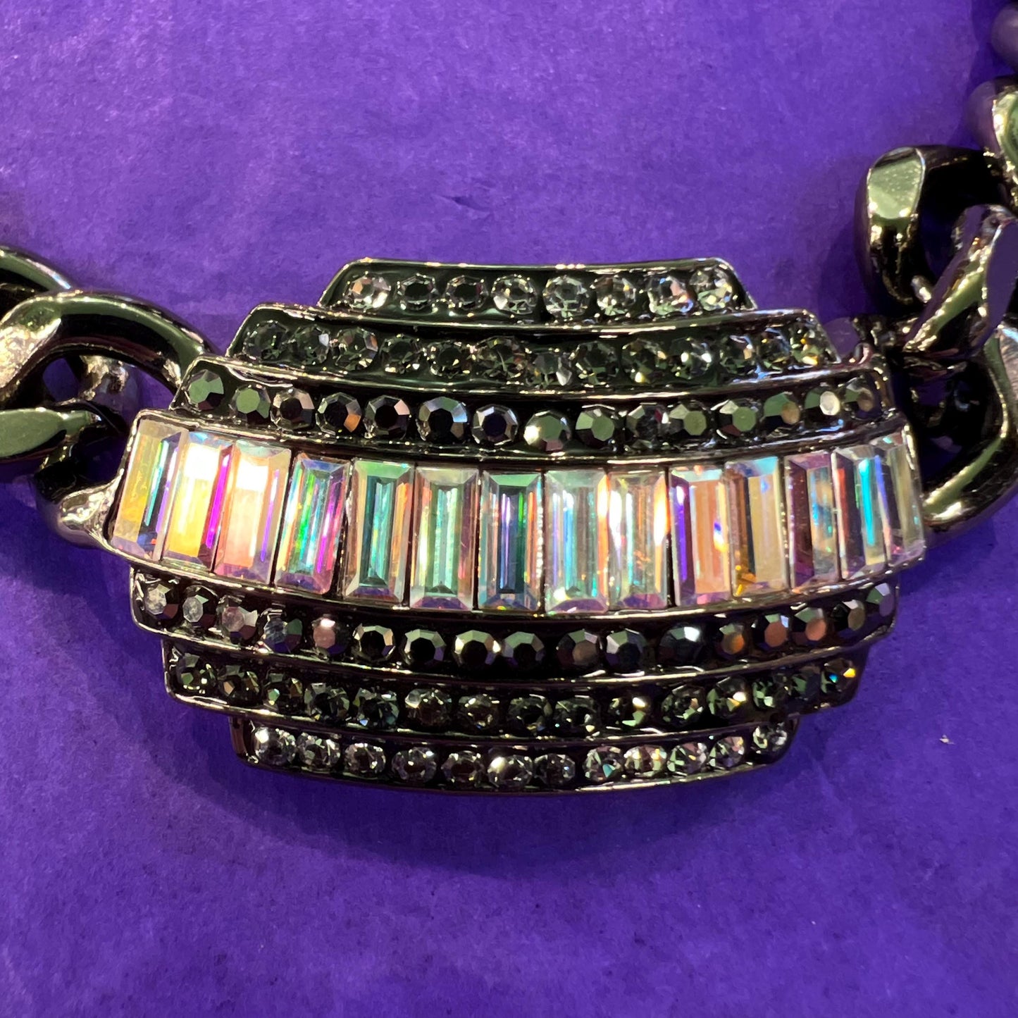 Vintage Butler and Wilson Statement Pewter tone Crystal necklace, Aurora Borealis Crystals and Chunky Pewter Tone Chain