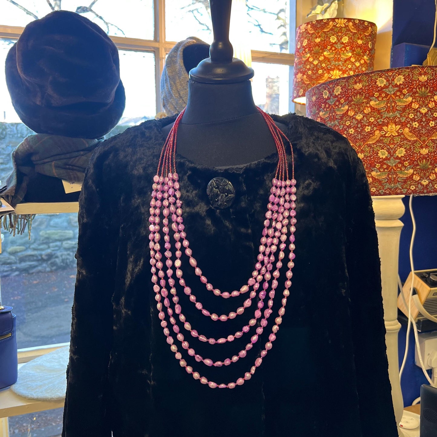 Vintage Butler and Wilson Fresh Water Pearl multistrand long layered statement necklace, lilac dyed organic pearls