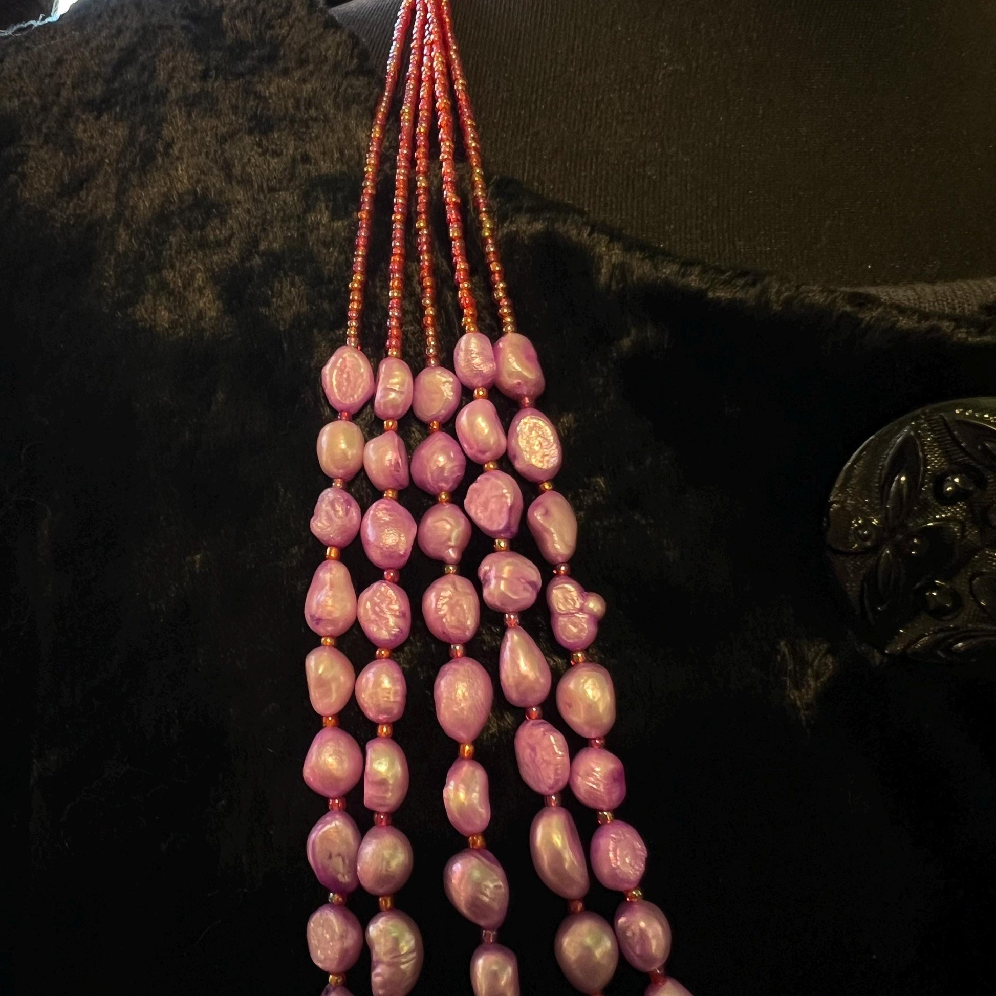 Vintage Butler and Wilson Fresh Water Pearl multistrand long layered statement necklace, lilac dyed organic pearls