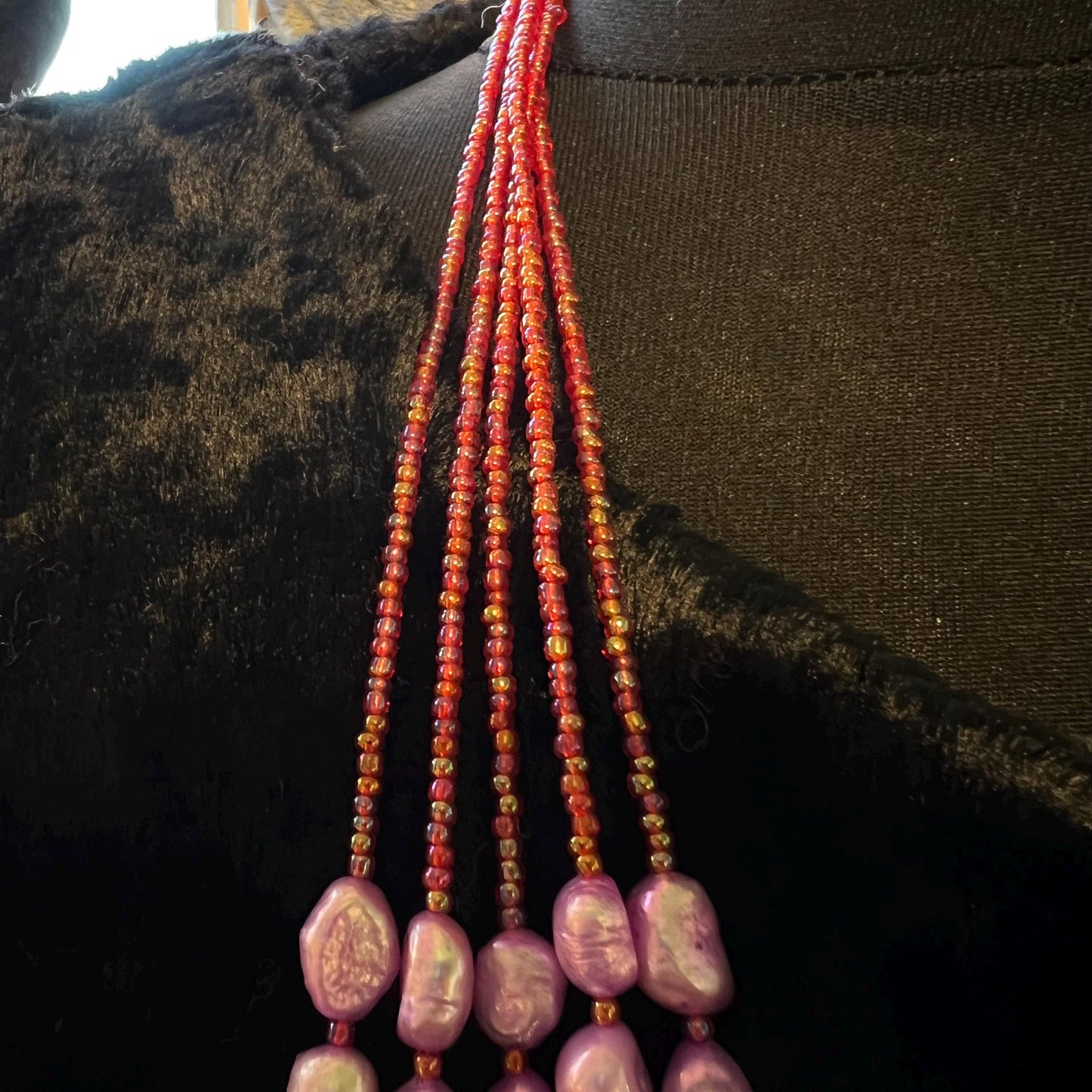 Vintage Butler and Wilson Fresh Water Pearl multistrand long layered statement necklace, lilac dyed organic pearls