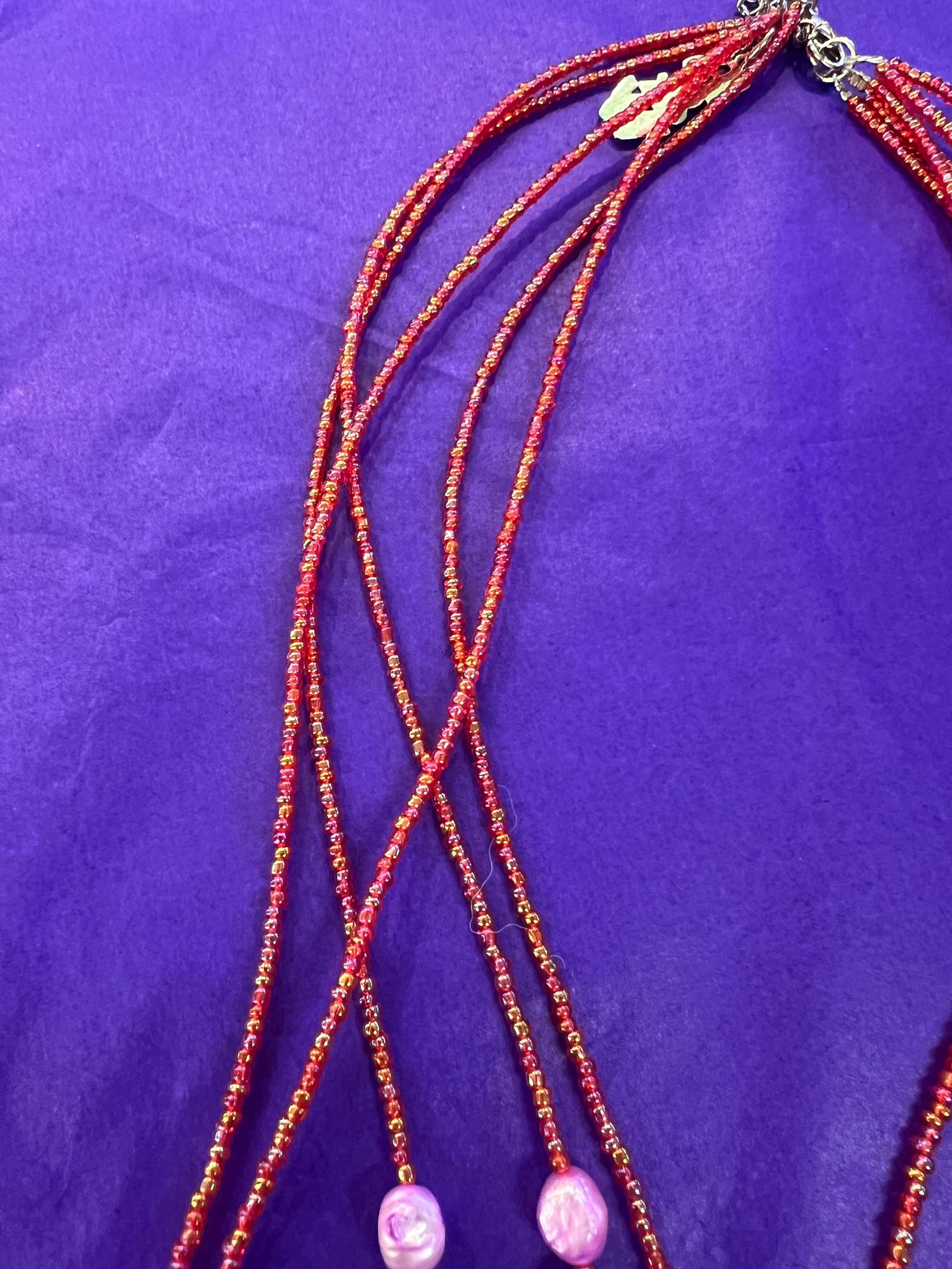 Vintage Butler and Wilson Fresh Water Pearl multistrand long layered statement necklace, lilac dyed organic pearls