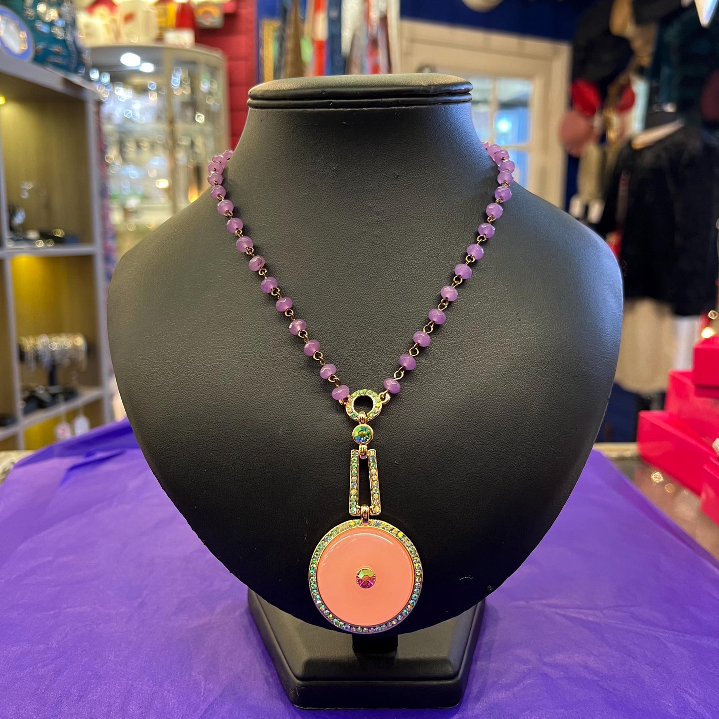 Vintage Butler and Wilson Art Deco Style Crystal Geometric Beaded Necklace, large donut crystal and borealis rhinestones