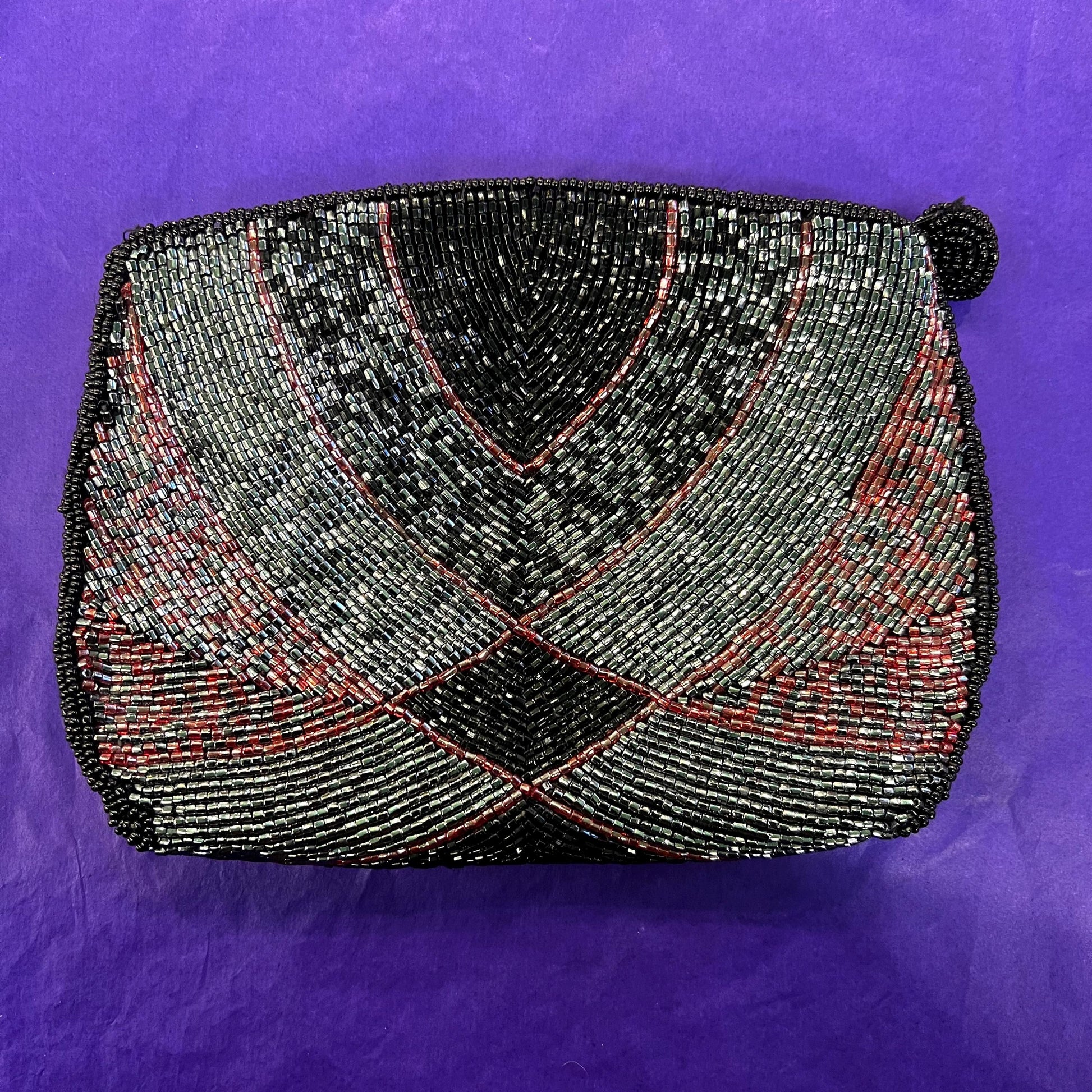 Vintage 1970/80s Art Deco Style Beaded Clutch Bag, Red sSilver and Black Lustre Beads