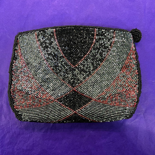 Vintage 1970/80s Art Deco Style Beaded Clutch Bag, Red sSilver and Black Lustre Beads