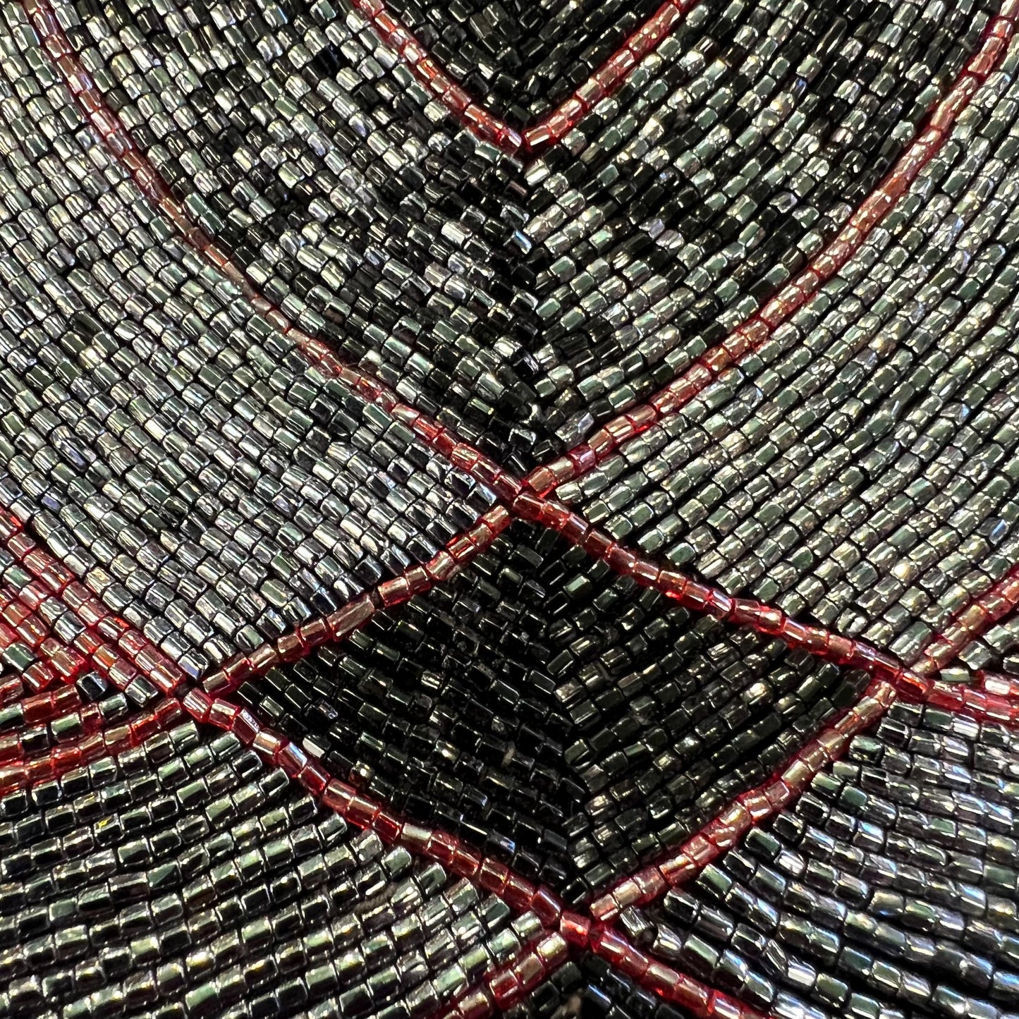 Vintage 1970/80s Art Deco Style Beaded Clutch Bag, Red sSilver and Black Lustre Beads